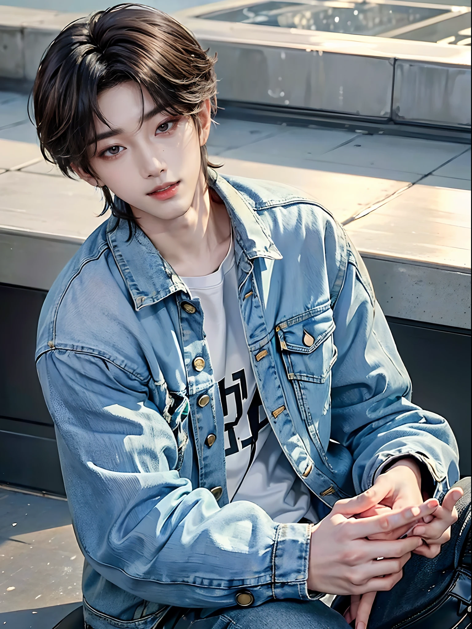 ((4K works))、masterpiece、(top-quality)、((high-level image quality))、((One Manly Boy))、Slim body、((Jeans Fashion))、((Men's Fashion))、((Holding a backpack and iPhone in hand))、(Detailed beautiful eyes)、In a fashionable city、Sitting on the curb and listening to music、Face similar to Chaewon in Ruseraphim、((short hair above the ears))、((Smaller face))、((Neutral face))、((Light brown eyes))、((Korean boy))、((18year old))、((Handsome man))、((Expression showing teeth and smiling))、((Korean Makeup))、((elongated and sharp eyes))、((photo of a model))、((Like a celebrity))、Professional Photos、((Shot alone))、((Sitting on the curb and listening to music through headphones))、((He sits in front of the viewer))、((Shot diagonally up from the front))、((Hold your iPhone in hand、Look at your iPhone screen))