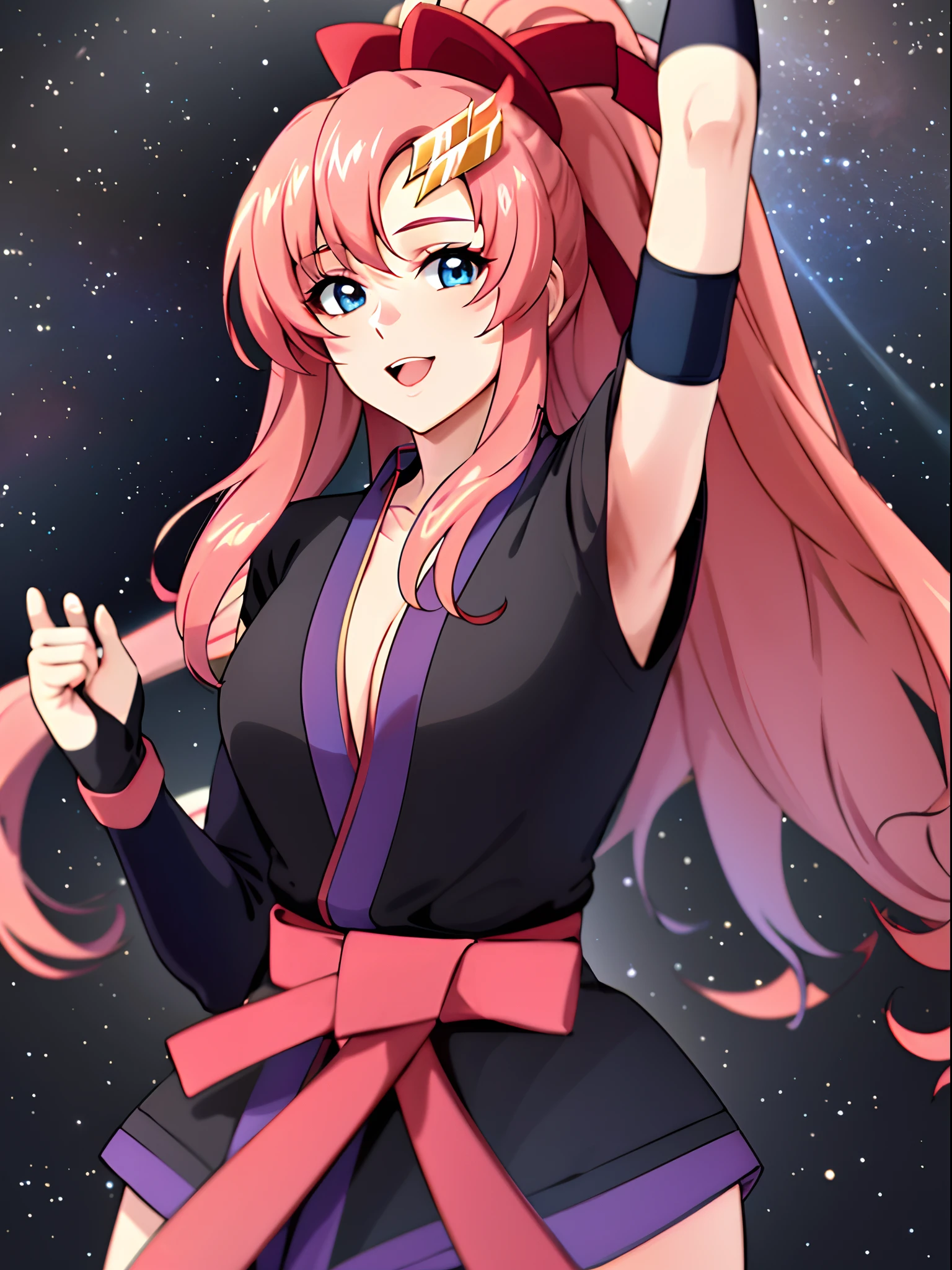(masterpiece, upper body view, 4K, Best Quality, Anime style: 1.9, tall, adult Woman, ultra detailed face, (space background), Drawing lines, high resolution, Anime, lacus4), 1girl, Solo, curvy figure, Long hair, 鎖骨, scapular, (Detailed wide hair bangs, Hair Ornament, long hair, Detailed reddish-pink hair, golden crest, high ponytail, red ribbon), cleavage, large hands, (female wrestler). (Big blue eyes, shiny eyes), ((pro female wrestler, little biceps, slender body, broad shoulders, closed fists)), ((perfect proportions, medium breasts, perky breasts, long belly, )), (((kimono only, long gloves))), happy, tilt head, smile, open mouth, (standing, looking at the viewer, talking to the viewer), showing off underarm, shaved armpit, (elegant lady)