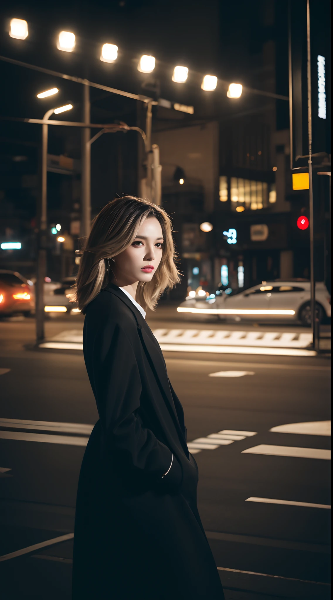 (Best quality,4K,A high resolution:1.2),Ultra-detailed,(Realistic,Photorealistic:1.37),The white-haired woman walked seductively down the street, black formal,Smooth polished hair,Confident posture,cityscape in the background,Dark and mysterious atmosphere,A vibrant and energetic scene,captivatinggaze,Strong presence,Elegant and sophisticated appearance,dynamic shadowing,subtle reflections,High contrast lighting,Modern and urban environment,graceful movements,Illuminated street lights,arquitetura impressionante,Striking visual composition,Dramatic and avant-garde style,Special attention to detail,Rich depth of field,expressive facial features,Sharp silhouette,Exquisite craftsmanship,Impressive realism,Artistic and elegant expression,striking colors,Meticulous attention to shadows and highlights,A gleaming streetscape,Stylish and stylish look,Impeccable sense of fashion,Flawless makeup,Confident and seductive expression