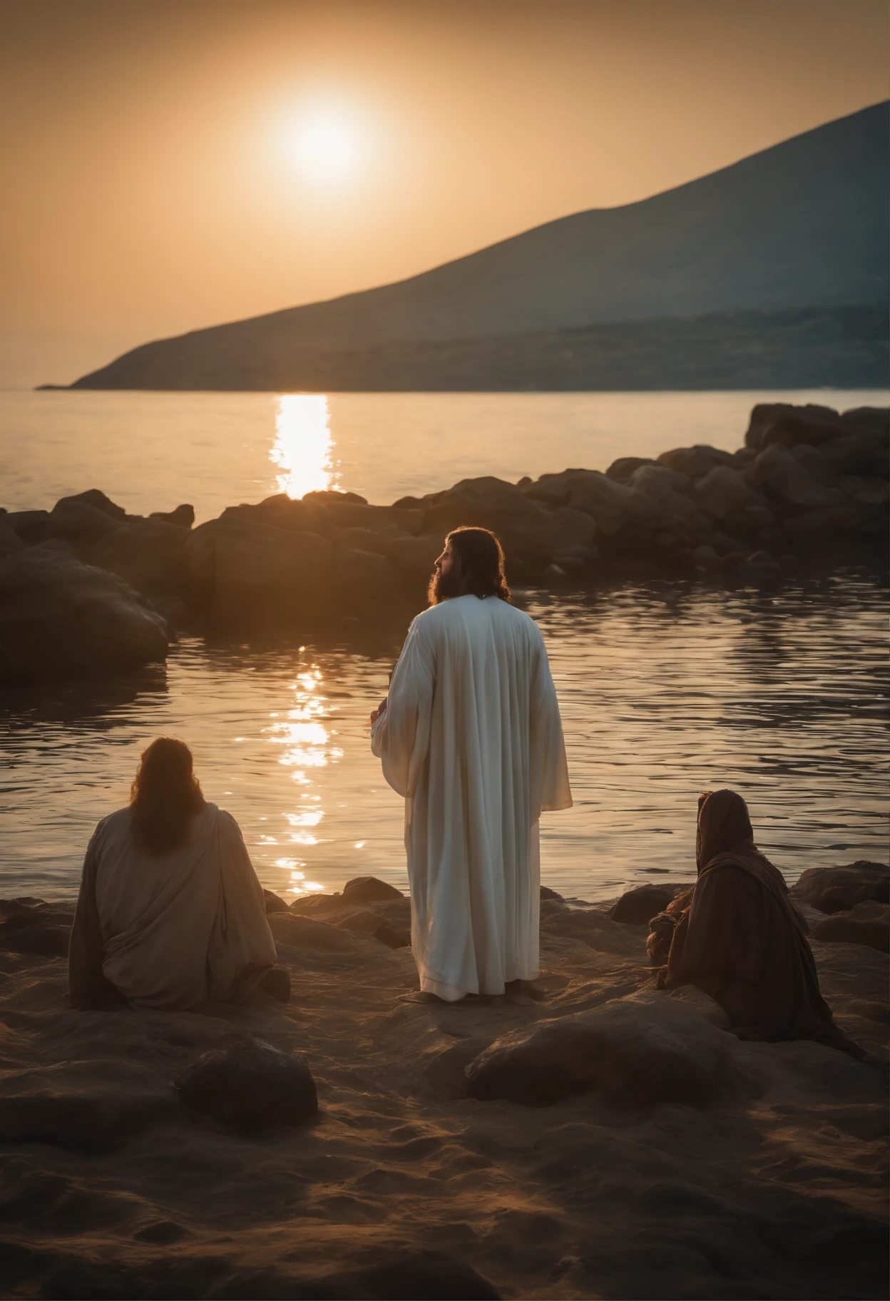 Jesus Christ on the shore of the Sea of Galilee with his disciples Realistc Cinematic 16x9