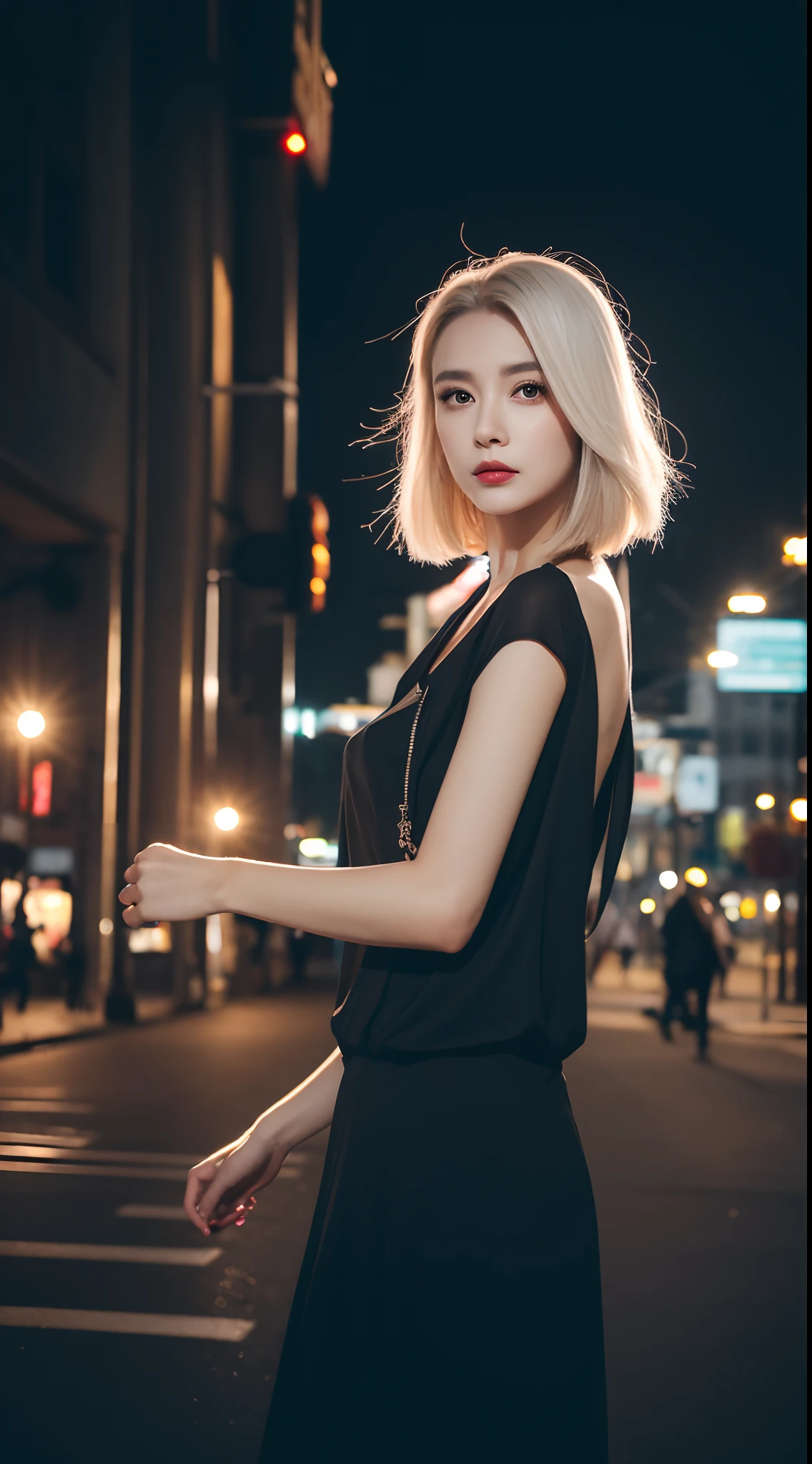 (Best quality,4K,A high resolution:1.2),Ultra-detailed,(Realistic,Photorealistic:1.37),The white-haired woman walked seductively down the street, black formal,Smooth polished hair,Confident posture,cityscape in the background,Dark and mysterious atmosphere,A vibrant and energetic scene,captivatinggaze,Strong presence,Elegant and sophisticated appearance,dynamic shadowing,subtle reflections,High contrast lighting,Modern and urban environment,graceful movements,Illuminated street lights,arquitetura impressionante,Striking visual composition,Dramatic and avant-garde style,Special attention to detail,Rich depth of field,expressive facial features,Sharp silhouette,Exquisite craftsmanship,Impressive realism,Artistic and elegant expression,striking colors,Meticulous attention to shadows and highlights,A gleaming streetscape,Stylish and stylish look,Impeccable sense of fashion,Flawless makeup,Confident and seductive expression