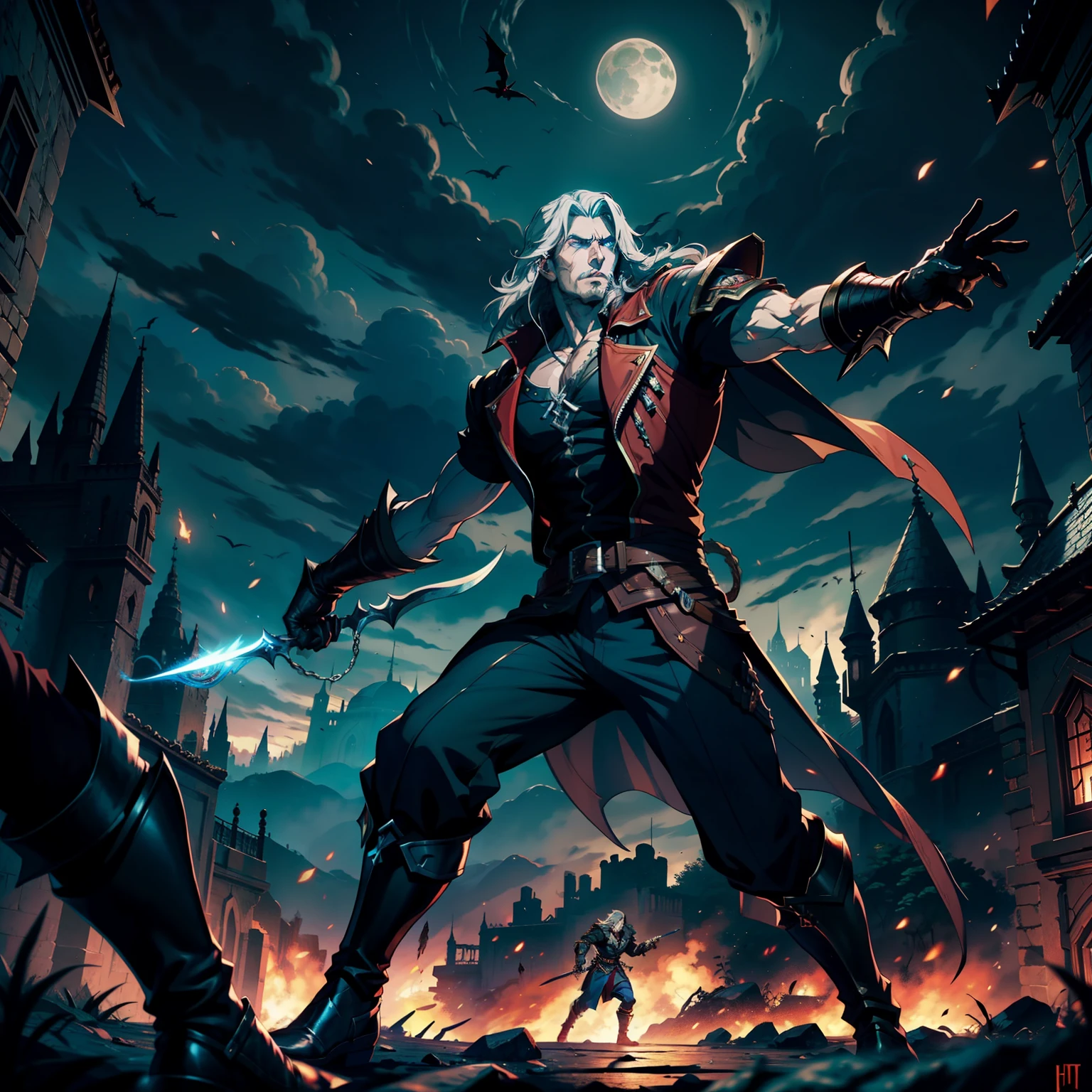 Castlevania Shadow Lord hyper realistic super detailed Dynamic cinematic scenes of men in battle