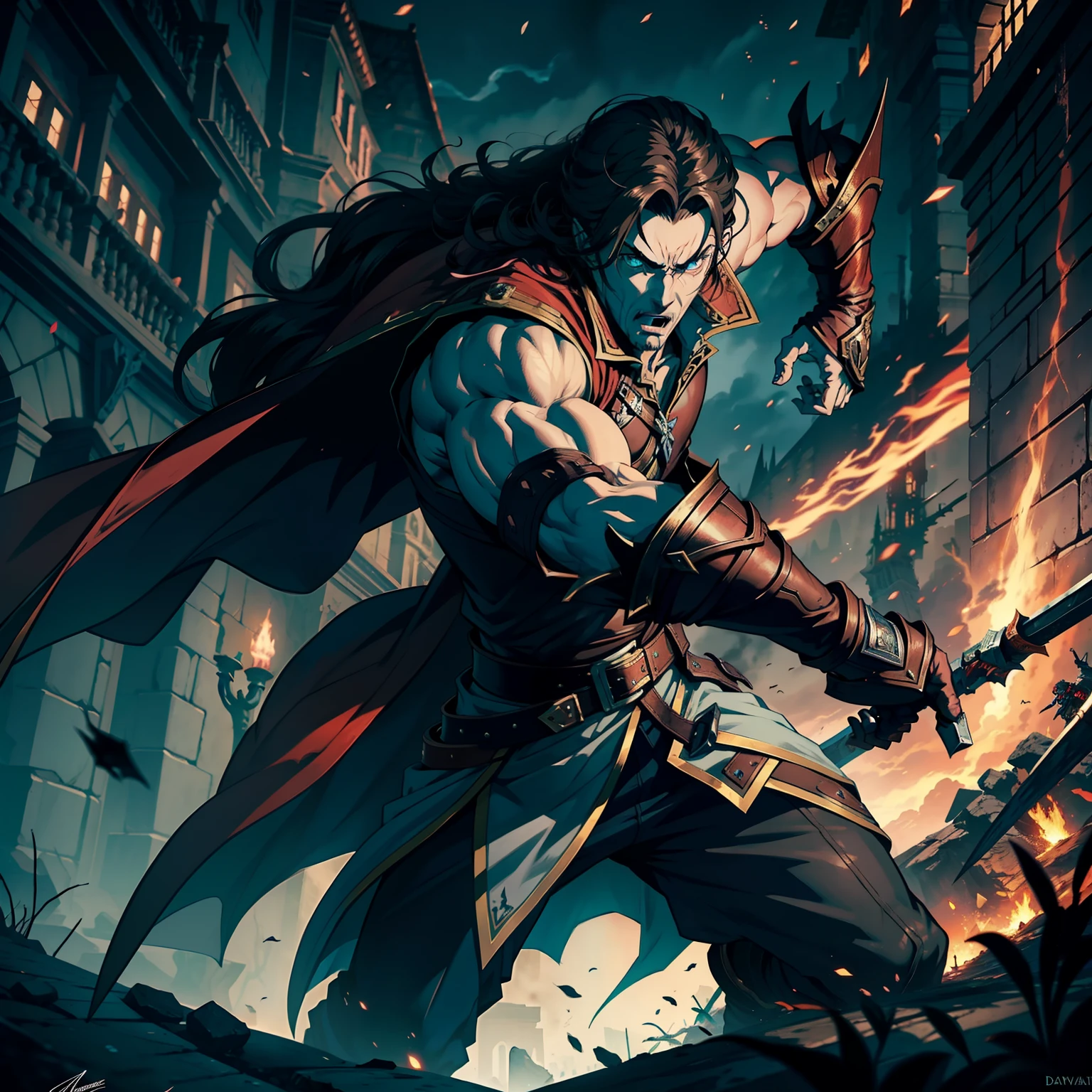 Castlevania Shadow Lord hyper realistic super detailed Dynamic cinematic scenes of men in battle