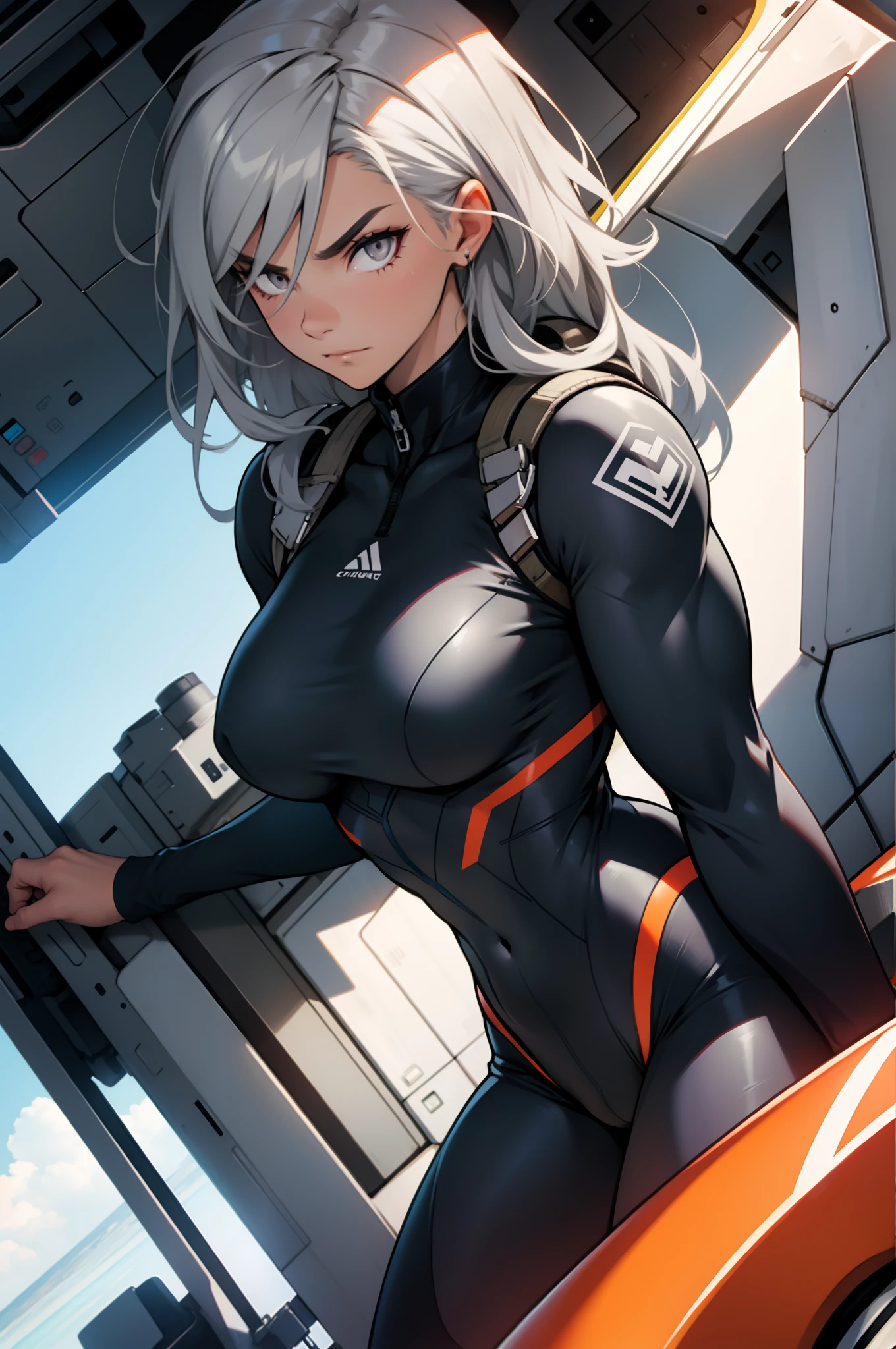 grey hair grey eyes (muscular) curvy (contempt expression) solo pilot suit (1 girl) dutch angle