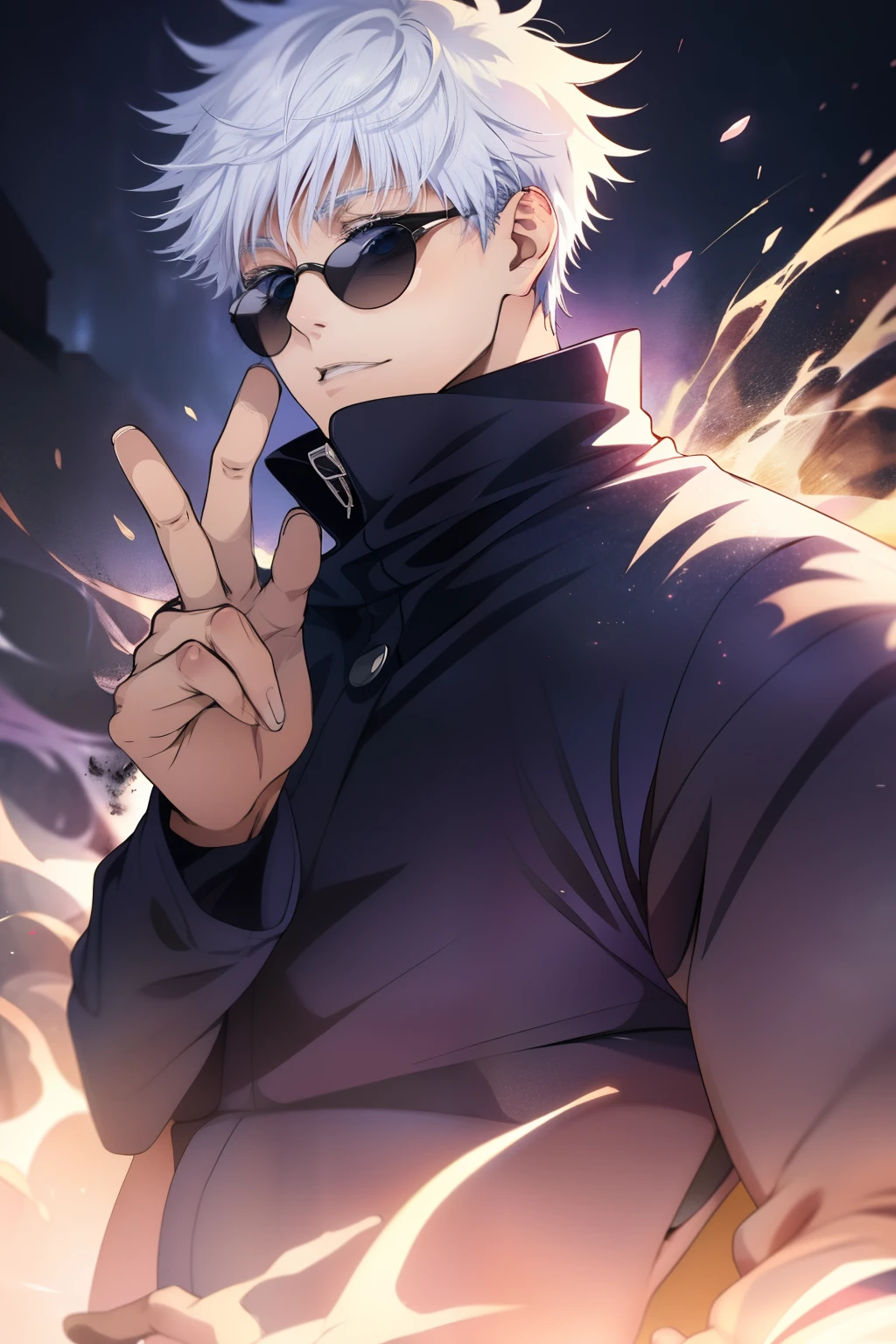 "In a dimly lit, desolate alleyway, Gojo Satoru, the enigmatic sorcerer from 'Jujutsu Kaisen,' unveils his immense power. Describe the scene as he raises his right hand, exposing his eyes. The anticipation in the air is tangible as crimson cursed energy shimmers around him, building to a crescendo. Write about the moment he thrusts his finger forward, unleashing a torrent of blazing red energy that dances like a fiery serpent. Capture the impact it has on the surroundings and the awe it inspires in witnesses. Conclude with Gojo withdrawing his finger, leaving behind a lingering memory of his incredible power."