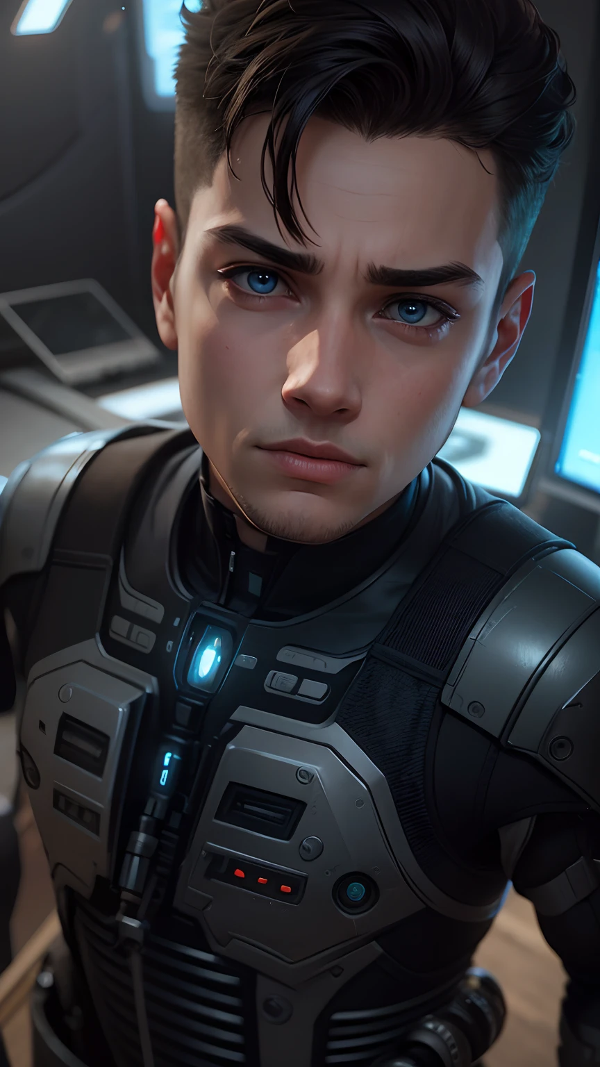 Boy with sci Fi background, 8k ultra realistic, realistic face.