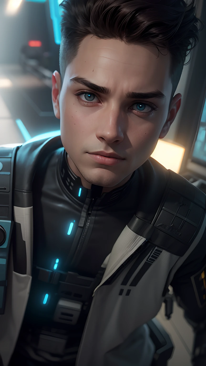 Boy with sci Fi background, 8k ultra realistic, realistic face.