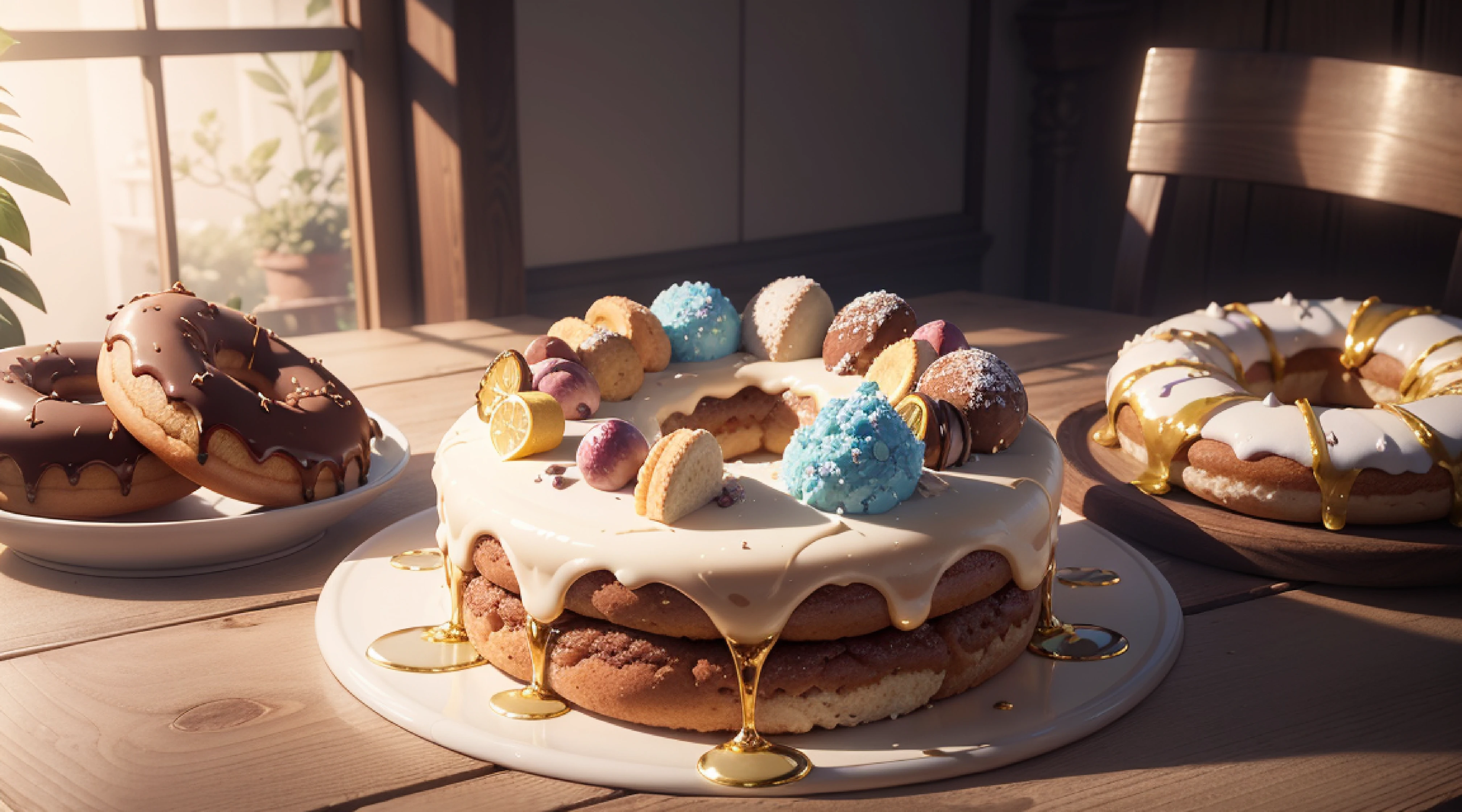 (no humans), (masterpiece), (high detail), (highest resolution), cinematic lighting, realistic, CG 4K wallpaper, Octane Render, RTX, ray tracing, depth of field, a delectable assortment of donuts on a rustic wooden table, succulent and mouthwatering, rich textures and colors, captivating interplay of light and shadows, a confectionery delight, tempting desserts, sweet indulgence, delectable treats, intricate details, sumptuous elegance, impeccable rendering, inviting composition, luscious visual experience, a feast for the eyes and imagination.