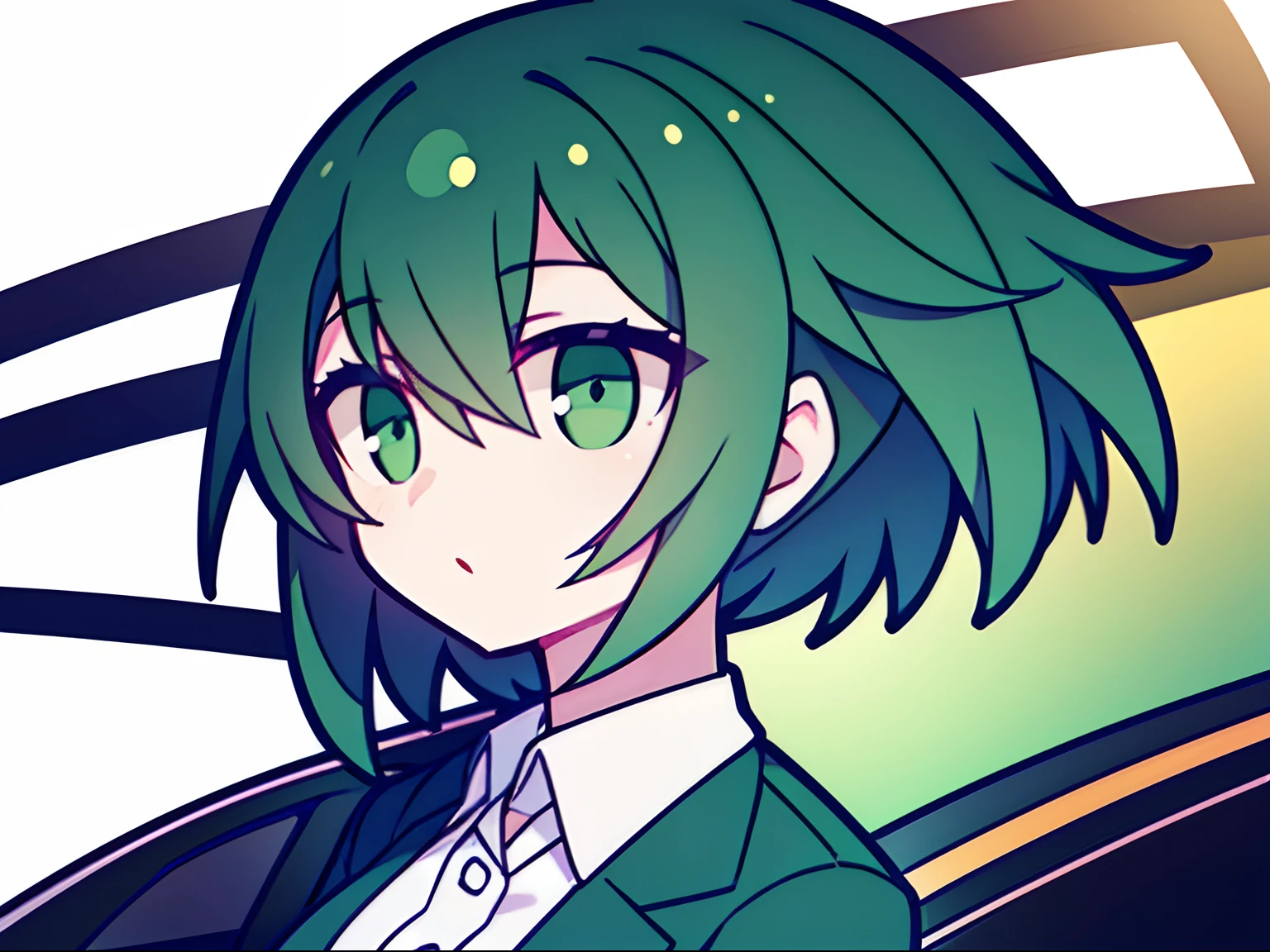 The logo of the car customization company should be a short green black hair、Green eyes、Girl in suit
