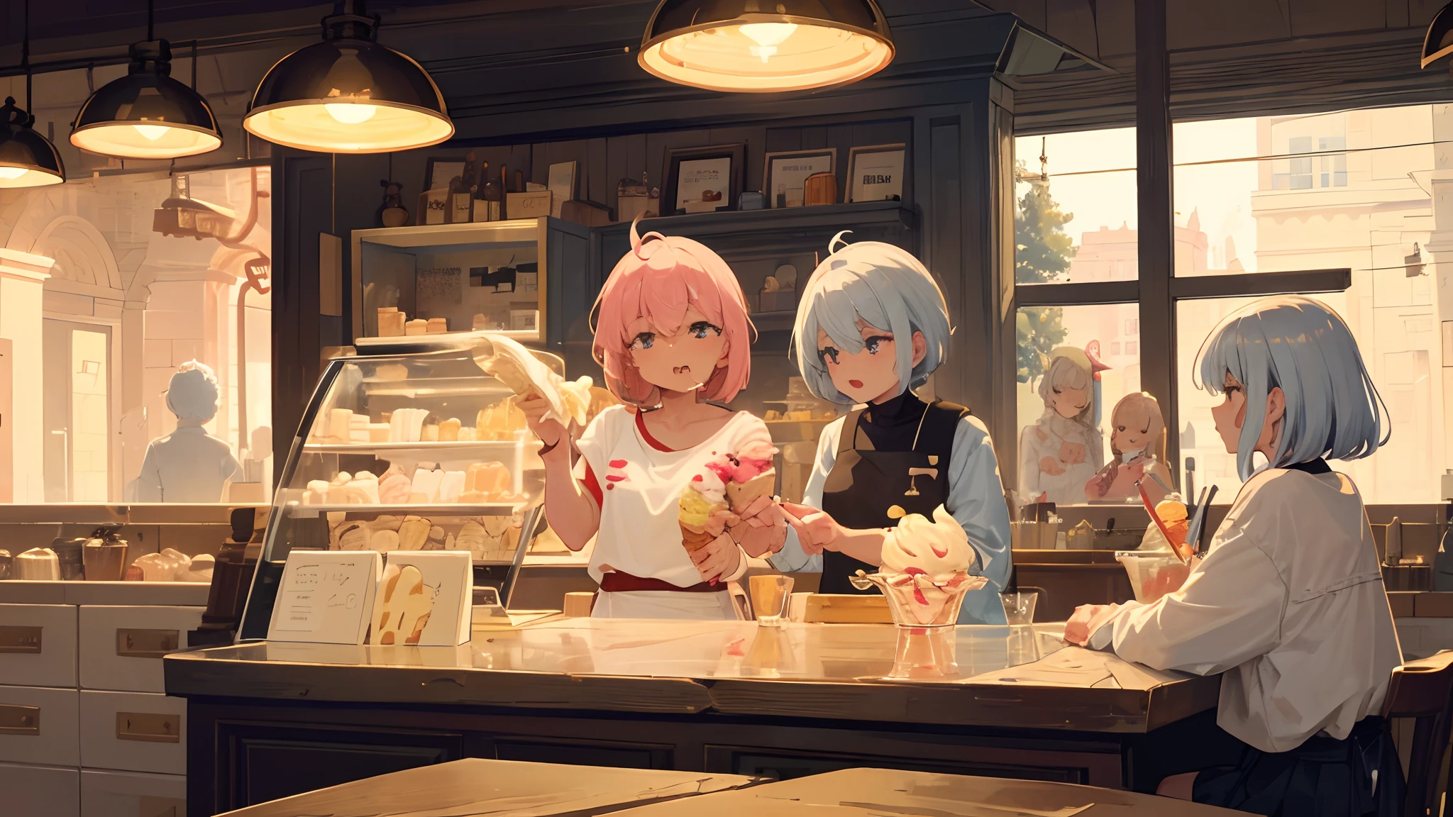 an ice-cream shop with a lot of ice-cream on selves, good lighting, masterpiece, amazing lighting, highly detailed, perfect anatomy, morning, a small tree, table, counter,