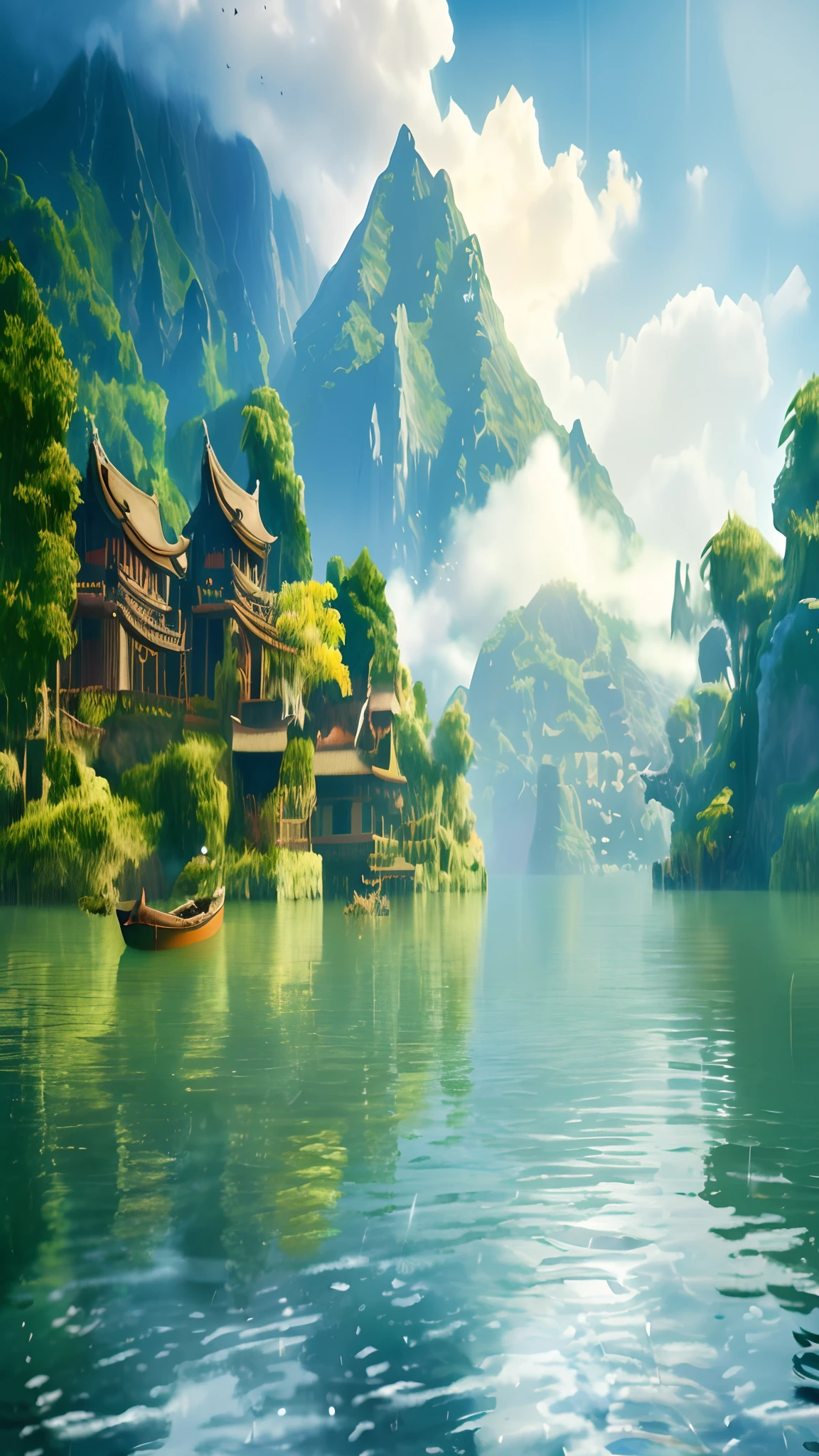 there is a boat that is floating in the water near a mountain,cidades chinesas sonhadoras,pintura fosca bonita,epic matte painting of an island,Paisagem chinesa,Beautiful Rendering of the Tang Dynasty,beautiful landscape rendering,matte painting scenery,pintura fosca bonita,pintura fosca de alta qualidade,3d rendering matte painting,Paisagens de anime,pintura fosca em estilo fantasia,pintura fosca sonhadora。