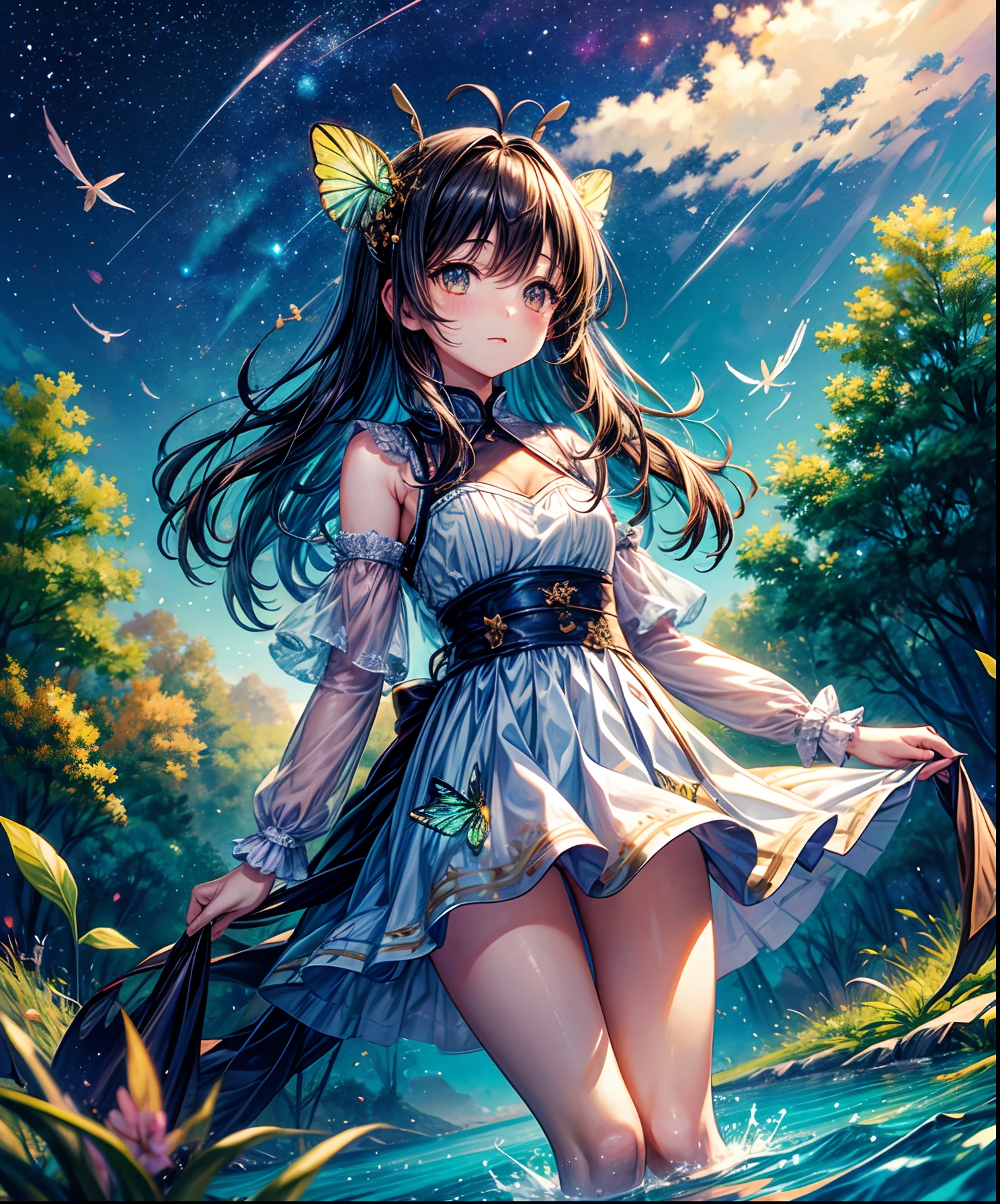 Cute girl characters、Describes a scene with grassy butterflies lying on the water flying around, Looking up at the starry sky. Surround her with colorful nebulae and her favorite constellations.