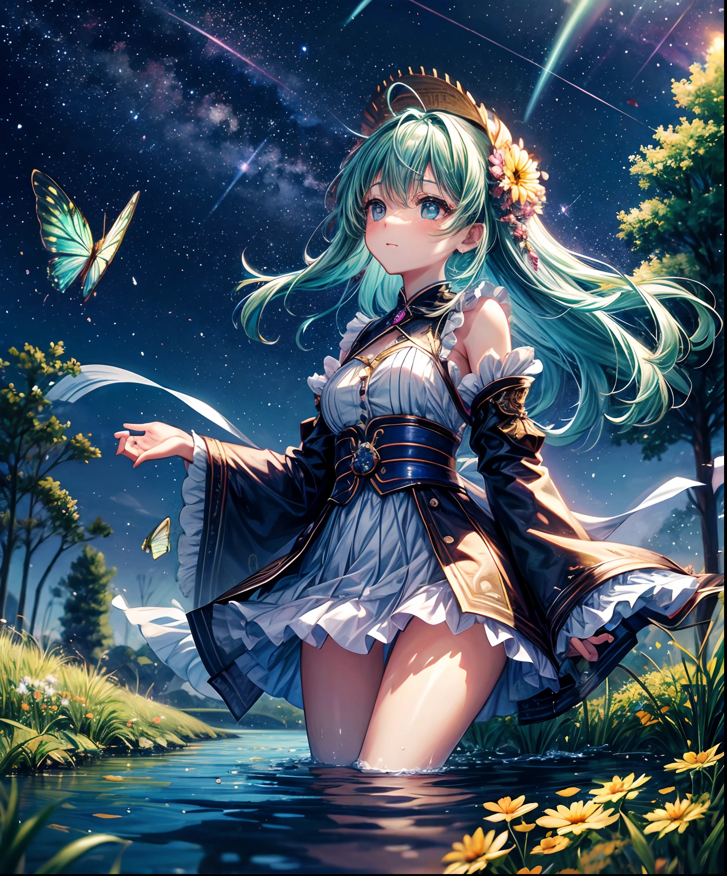Cute girl characters、Describes a scene with grassy butterflies lying on the water flying around, Looking up at the starry sky. Surround her with colorful nebulae and her favorite constellations.