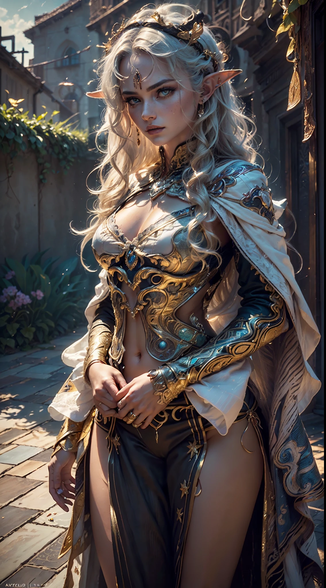 A stunning ((three quarters view (((cowboy shot))))) of an elf Queen ((standing in a courtyard)), wearing elaborate dress and elaborate bejewelled headdress, ((long flowing gold hair flying, bright gold eyes)), beautiful pale makeup, color portrait, striking golden eyes, cleavage, large breasts, gold dust spread across the skin and face, (dark, hyper-realistic photos (((HDR+)))), 8k, ((soft cinematic light)), Adobe Lightroom, Photolab, HDR, intricate, elegant, highly detailed, sharp focus, ((((((cinematic appearance)))), ((soft tones)), insane details, intricate details, hyperdetailed, l((ow contrast, soft cinematic light)), bold colors, exposure mix, faded, slate atmosphere.