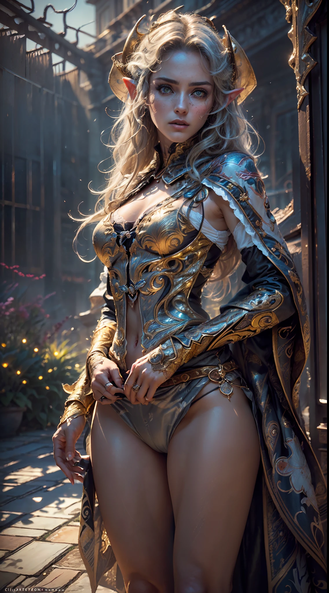 A stunning ((three quarters view (((cowboy shot))))) of an elf Queen ((standing in a courtyard)), wearing elaborate dress and elaborate bejewelled headdress, ((long flowing gold hair flying, bright gold eyes)), beautiful pale makeup, color portrait, striking golden eyes, cleavage, large breasts, gold dust spread across the skin and face, (dark, hyper-realistic photos (((HDR+)))), 8k, ((soft cinematic light)), Adobe Lightroom, Photolab, HDR, intricate, elegant, highly detailed, sharp focus, ((((((cinematic appearance)))), ((soft tones)), insane details, intricate details, hyperdetailed, l((ow contrast, soft cinematic light)), bold colors, exposure mix, faded, slate atmosphere.