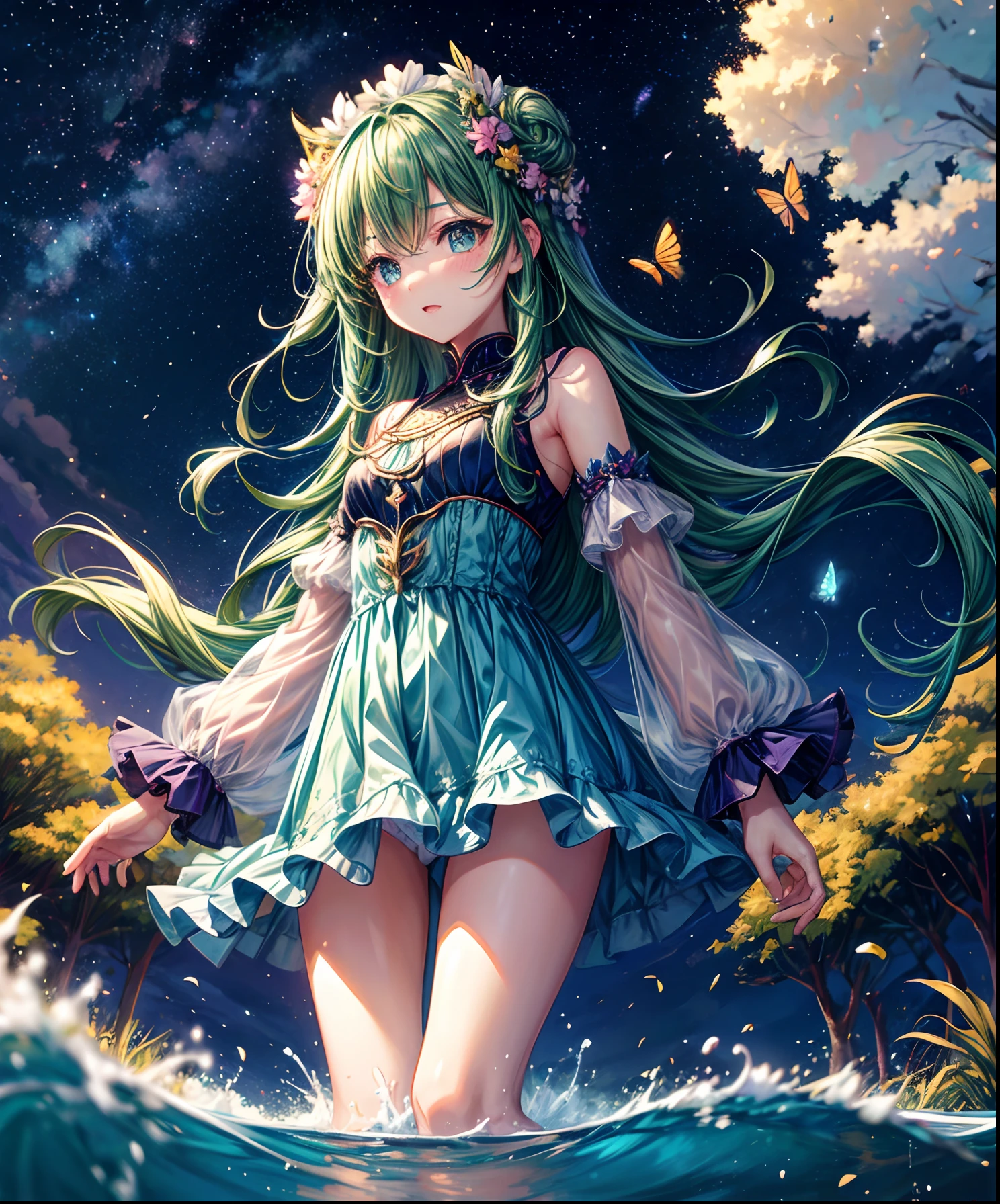 Cute girl characters、Describes a scene with grassy butterflies lying on the water flying around, Looking up at the starry sky. Surround her with colorful nebulae and her favorite constellations.