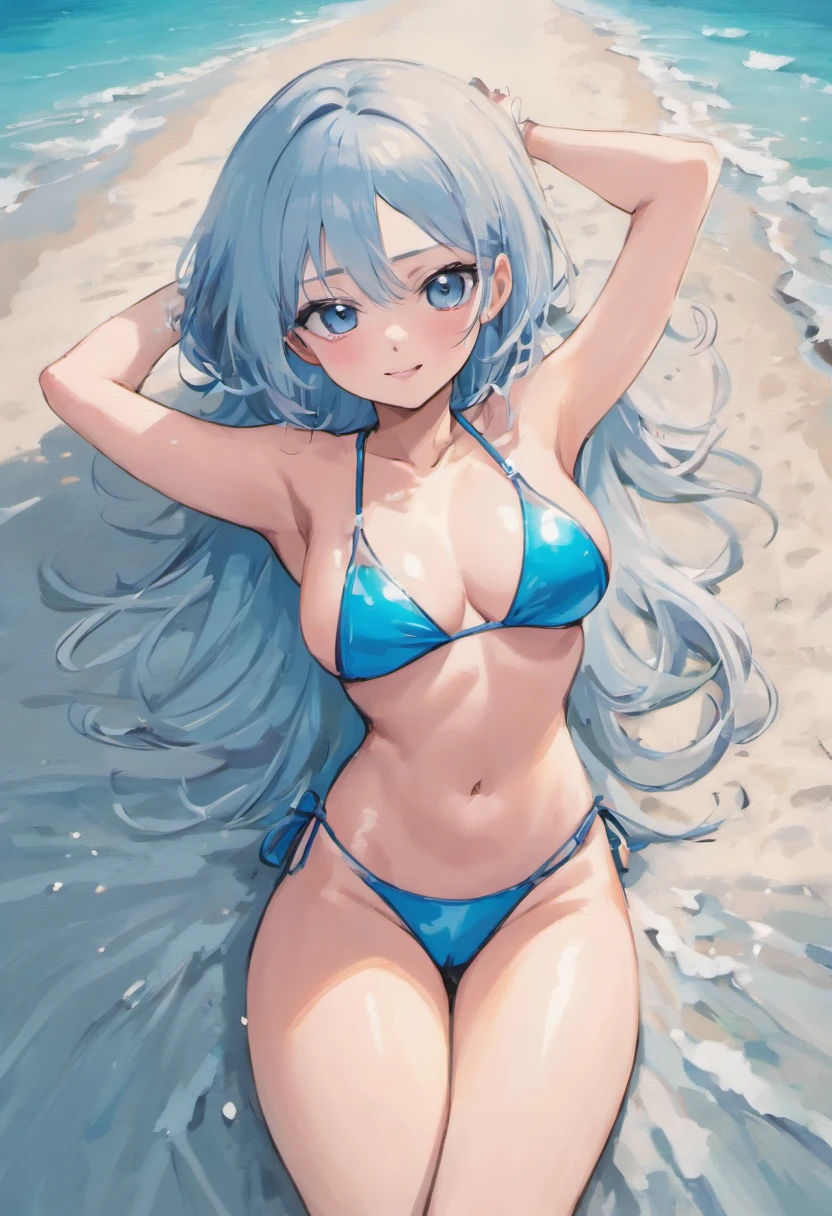 [[[Nico Robin from One Piece]]], [[long black hair with slicked back bangs, Nico Robin hairstyle, cerulean blue eyes]], (((wearing a transparent micro blue bikini))), ((sitting down on the sand)), (((located in a beach during daytime))), solo, 1girl, ((adult, mature body, white skin)), {{{huge breasts, huge_ass, thick thighs, spread legs}}}, ((seductive smile, expressive eyes, perfect face)), (((three-quarter length portrait, close up, looking at viewer))), {{{wet body}}}, (((symmetrical eyes, symmetrical face))), [[extremely detailed eyes, extremely detailed face, extremely detailed body, highly detailed wet body, detailed transparent bikini]], ((no jacket, no coat)), {{{masterpiece, ultra-fine painting, sharp focus, Professional, Vivid Colors, Cinematic Lighting}}}