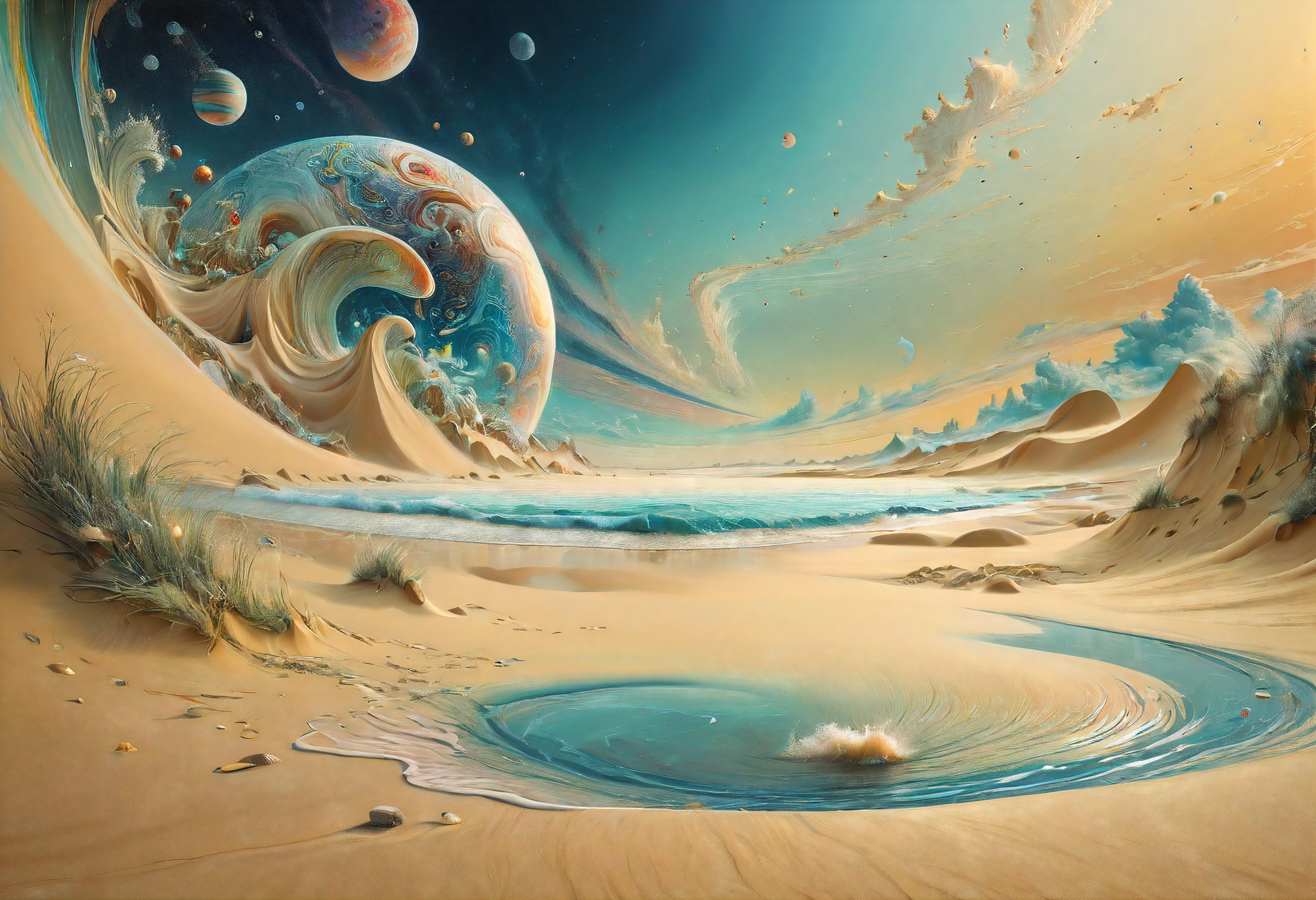 (best quality,4k,8k,highres,masterpiece:1.2),ultra-detailed,(realistic,photorealistic,photo-realistic:1.37), digital art by IrinaKapi, surrealism, sands of time, splash, patterns, floating objects, Yuumei, Robert Bissell, Christopher Balaskas, Keith Mallett, Wassily Kandinsky, acrylic painting, dreamlike atmosphere, intricate details, mesmerizing composition, ethereal beauty, mystical elements, whimsical landscapes, otherworldly creatures, intricate brushwork, surreal landscapes, fantastical imagery