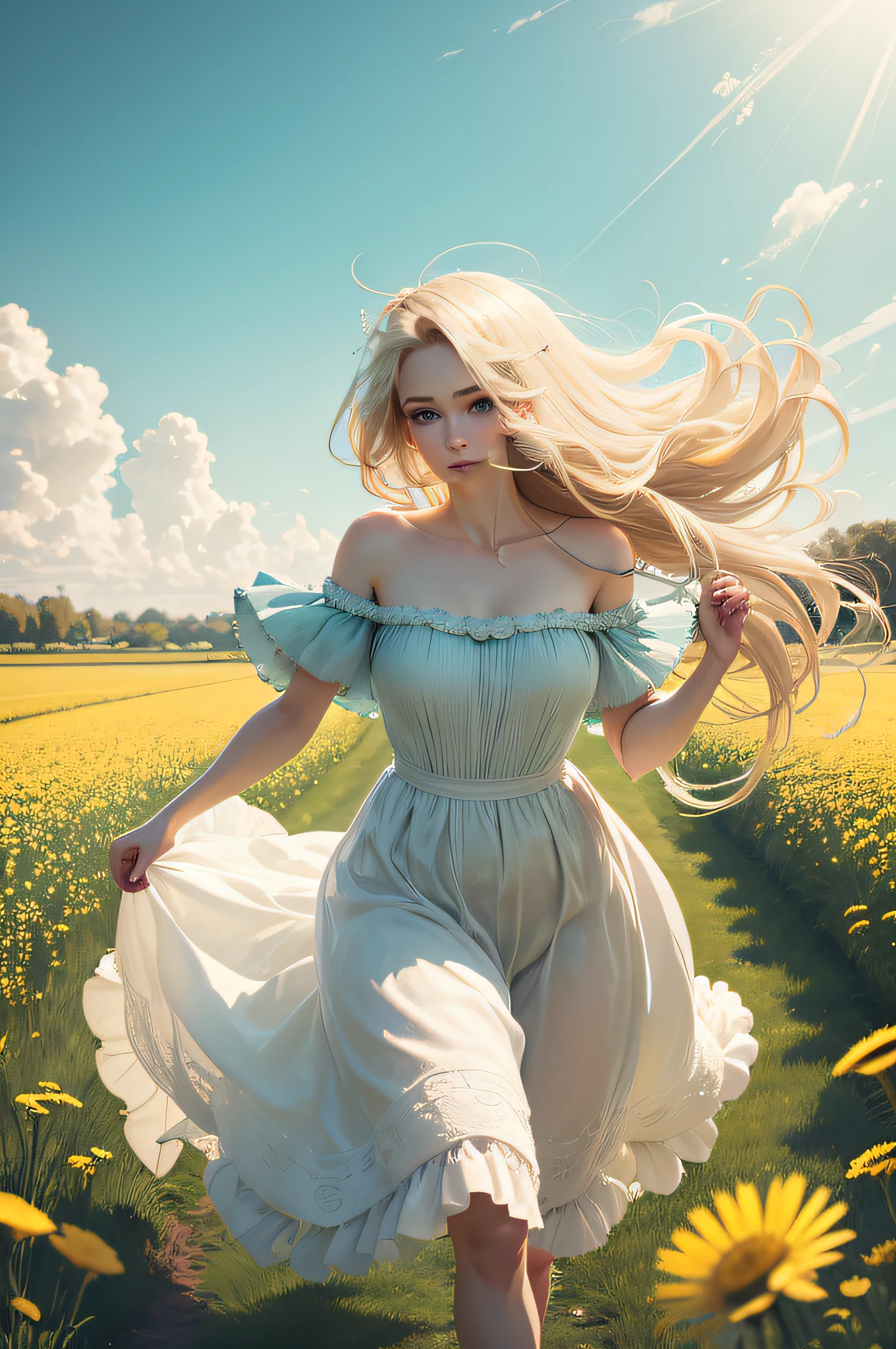 a girl running through a field of dandelions, she has long blond hair and a white dress on, it shows her back running through the fields::3 1800s::3 anime::3 sunlight::3 wide angle lens::3 alphonse mucha::3 by francisco de goya::3 edgar degas::3 eugene delacroix::3 beige::1.5 mint color::1.5 teal::1.5 --stylize 10 --chaos 10