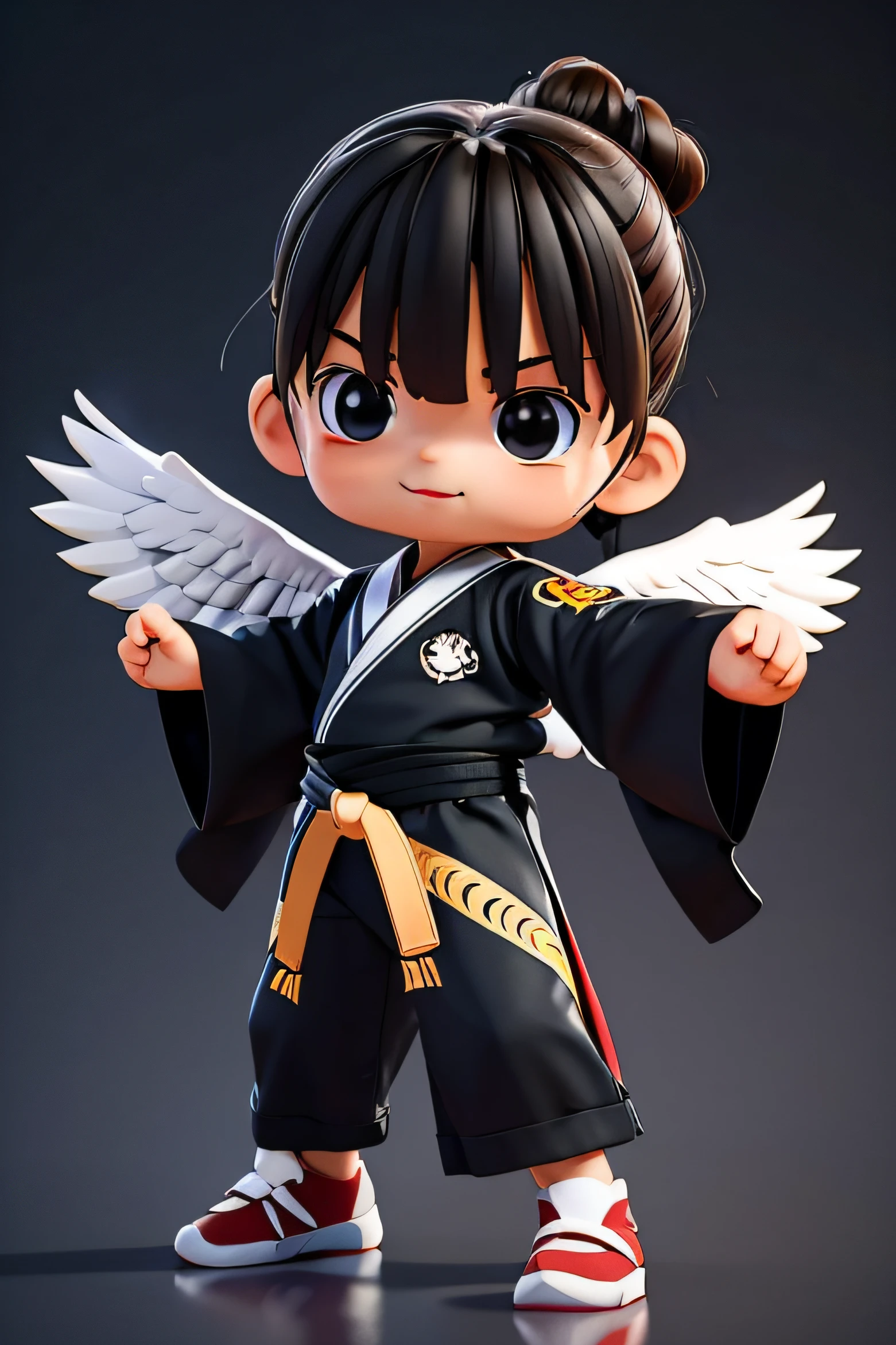 Create a 3d mascot of a baby eagle using kimono jiujitsu in fighting poses on a black background. The eagle must be represented with human characteristics that demonstrate that it is a child.