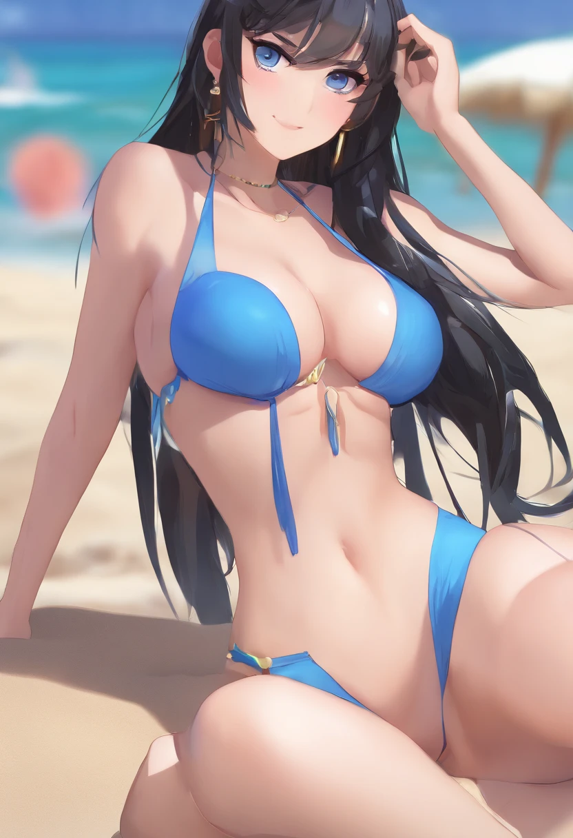 [[[Nico Robin from One Piece]]], [[long black hair with slicked back bangs, Nico Robin hairstyle, cerulean blue eyes]], (((wearing a transparent micro blue bikini))), ((sitting down on the sand)), (((located in a beach during daytime))), solo, 1girl, ((adult, mature body, white skin)), {{{huge breasts, huge_ass, thick thighs, spread legs}}}, ((seductive smile, expressive eyes, perfect face)), (((three-quarter length portrait, close up, looking at viewer))), {{{wet body}}}, (((symmetrical eyes, symmetrical face))), [[extremely detailed eyes, extremely detailed face, extremely detailed body, highly detailed wet body, detailed transparent bikini]], ((no jacket, no coat)), {{{masterpiece, ultra-fine painting, sharp focus, Professional, Vivid Colors, Cinematic Lighting}}}
