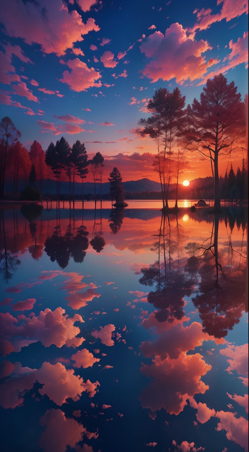there is a beautiful sunset with a lake and trees in the background, colorful skies, surreal colors, colorful sunset, colorful sky, marvellous reflection of the sky, stunning sky, dream like atmosphere 8k, colorful clouds, colors reflecting on lake, surreal sky, red and blue reflections, fire reflection, beautiful sky, beautiful and spectacular dusk, beautiful dreamy landscape, amazing sky