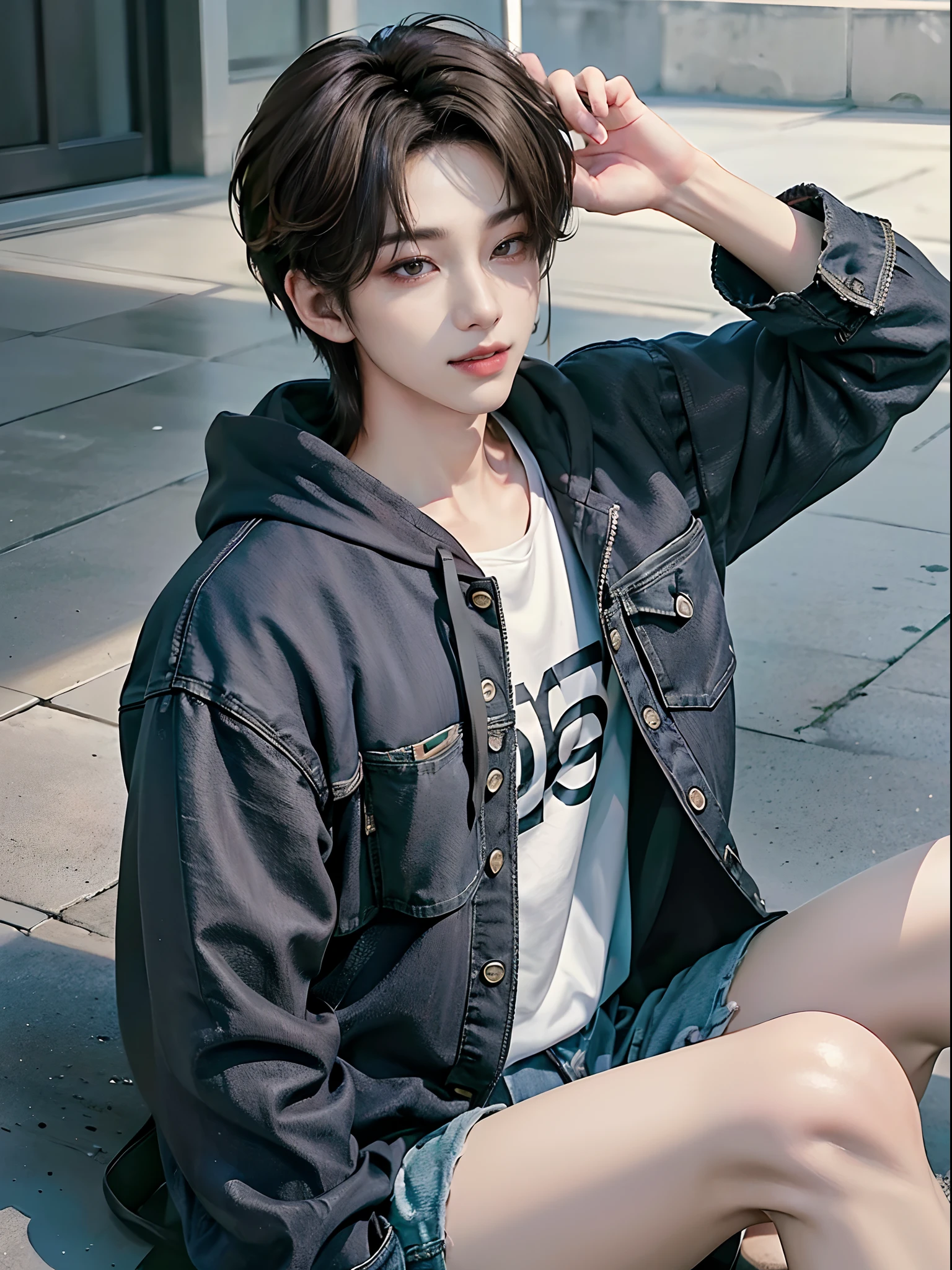 ((4K works))、masterpiece、(top-quality)、((high-level image quality))、((One Manly Boy))、Slim body、((Casual fashion with hoodie and chic black denim jacket))、((Men's Fashion))、((Holding a backpack and iPhone in hand))、(Detailed beautiful eyes)、In a fashionable city、Sitting on the curb and listening to music、Face similar to Chaewon in Ruseraphim、((short hair above the ears))、((Smaller face))、((Neutral face))、((Light brown eyes))、((Korean boy))、((18year old))、((Handsome man))、((Teeth and smile expression))、((Korean Makeup))、((elongated and sharp eyes))、((photo of a model))、((Like a celebrity))、Professional Photos、((Shot alone))、((Sitting on the curb and listening to music through headphones))、((He sits in front of the viewer))、((Shot diagonally up from the front))、((Upper body photography))、((Hold your iPhone in your hands、Look at your iPhone screen))