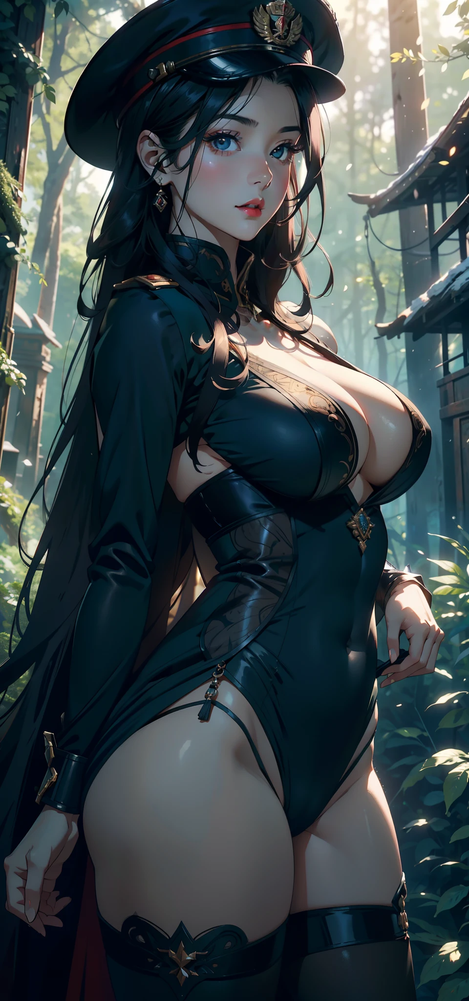 1female，41 years old，熟妇，A MILF ，Married Woman， mature，plumw，extremely large bosom ，Pornographic exposure， 独奏，（Background with：stunning view，ln the forest，city ruins，There is a lot of war）Snow-white skin， She has short black hair，Stand deep in the forest，seen from the front， hair straight，（（（tmasterpiece），（Very detailed CG unity 8K wallpaper），best qualtiy，cinmatic lighting，detailed back ground，beatiful detailed eyes，Bright pupils，Redlip（Very fine and beautiful），（Beautiful and detailed eye description），ultra - detailed，tmasterpiece，）），facing at camera，A high resolution，ultra - detailed），revealing breasts，Bare genitalia，  Bulge，legs are open，Raised sexy，Camel toes，Flushed complexion，Soviet soldiers，frontage，military hat（Wearing：dark green suit，Black tights）