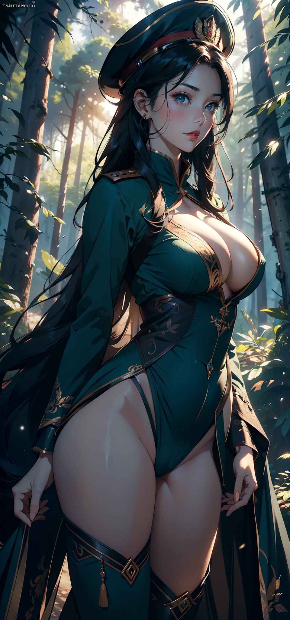 1female,41 years old,熟妇,A MILF ,Married Woman, mature,plumw,extremely large bosom ,Pornographic exposure, 独奏,(Background with:stunning view,ln the forest,city ruins,There is a lot of war)Snow-white skin, She has short black hair,Stand deep in the forest,seen from the front, hair straight,(((tmasterpiece),(Very detailed CG unity 8K wallpaper),best qualtiy,cinmatic lighting,detailed back ground,beatiful detailed eyes,Bright pupils,Redlip(Very fine and beautiful),(Beautiful and detailed eye description),ultra - detailed,tmasterpiece,)),facing at camera,A high resolution,ultra - detailed),revealing breasts,Bare genitalia, Bulge,legs are open,Raised sexy,Camel toes,Flushed complexion,Soviet soldiers,frontage,military hat(Wearing:dark green suit,Black tights)