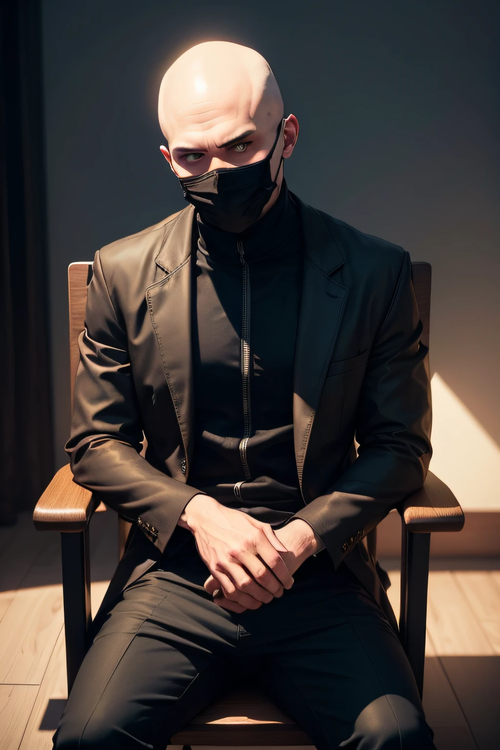 Make a guy sitting in a chair in a dark background setting this guy wears a mask and wears all dark clothes, his hair is bald, his skin is brown
