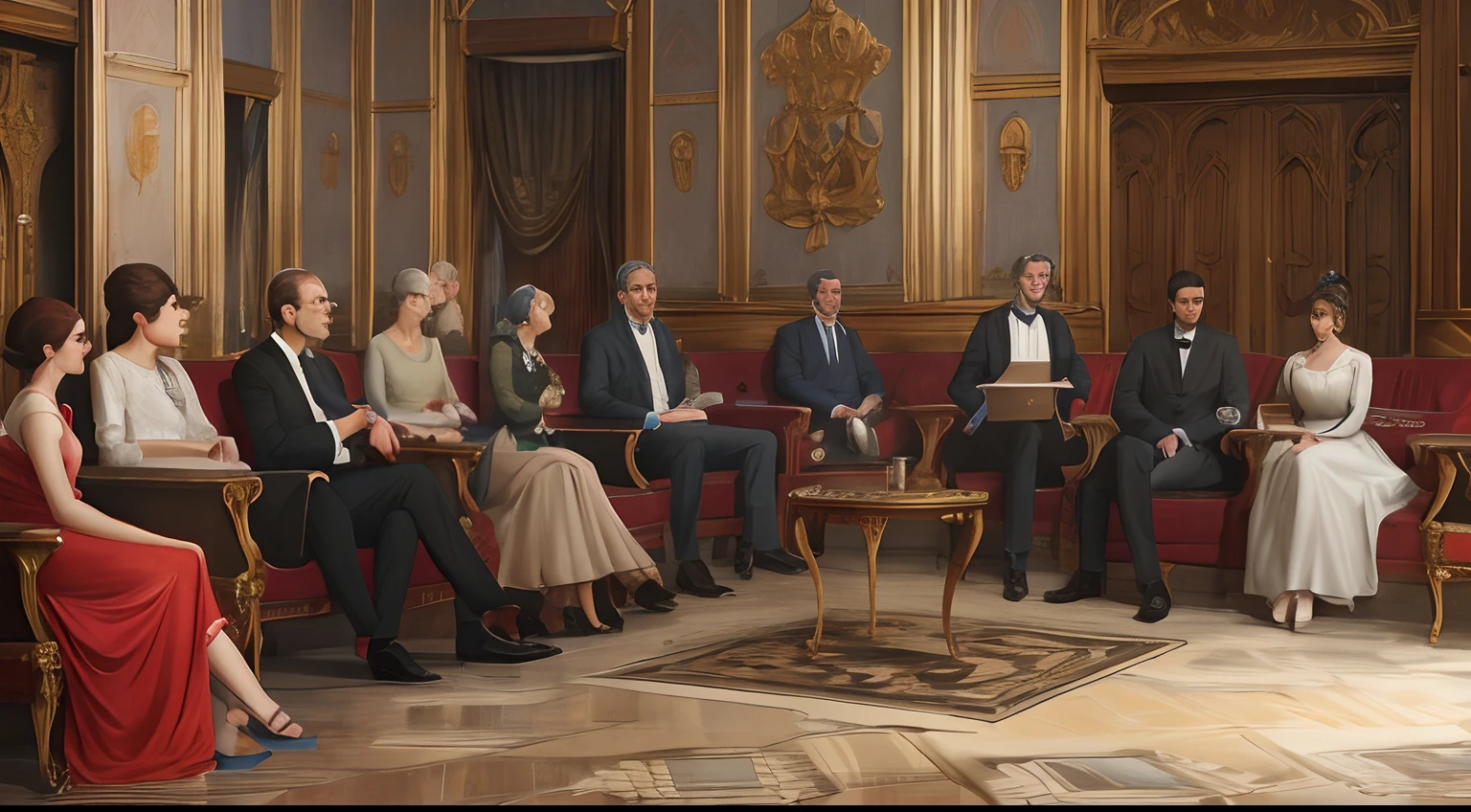 dibujo, ultra realista, 8k, extremadamente detallado, en la mejor calidad, de personas sentadas y mirando un escenario, en un entorno antiguo.