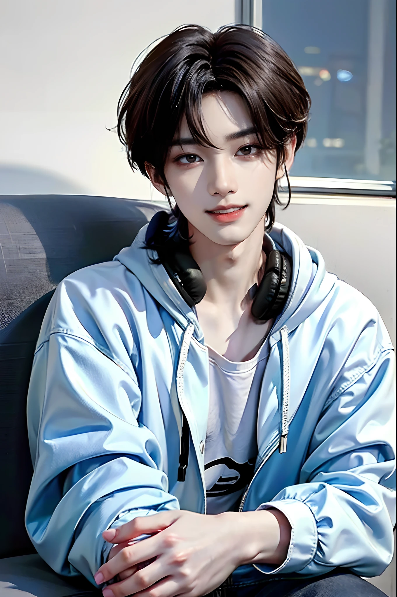 ((4K works))、masterpiece、(top-quality)、((high-level image quality))、((One Manly Boy))、Slim body、((Casual fashion with white hoodie and chic black denim jacket))、((Men's Fashion))、((Holding your iPhone in your hand))、(Detailed beautiful eyes)、In a fashionable city、Sitting on the curb and listening to music、Face similar to Chaewon in Ruseraphim、((short hair above the ears))、((Smaller face))、((Neutral face))、((Light brown eyes))、((Korean boy))、((18year old))、((Handsome man))、((Teeth and smile expression))、((Korean Makeup))、((elongated and sharp eyes))、((photo of a model))、((Like a celebrity))、Professional Photos、((Shot alone))、((Sitting on the curb and listening to music through headphones))、((He sits in front of the viewer))、((Shot diagonally up from the front))、((Upper body photography))、((Hold your iPhone in your hand、Look at your iPhone screen))