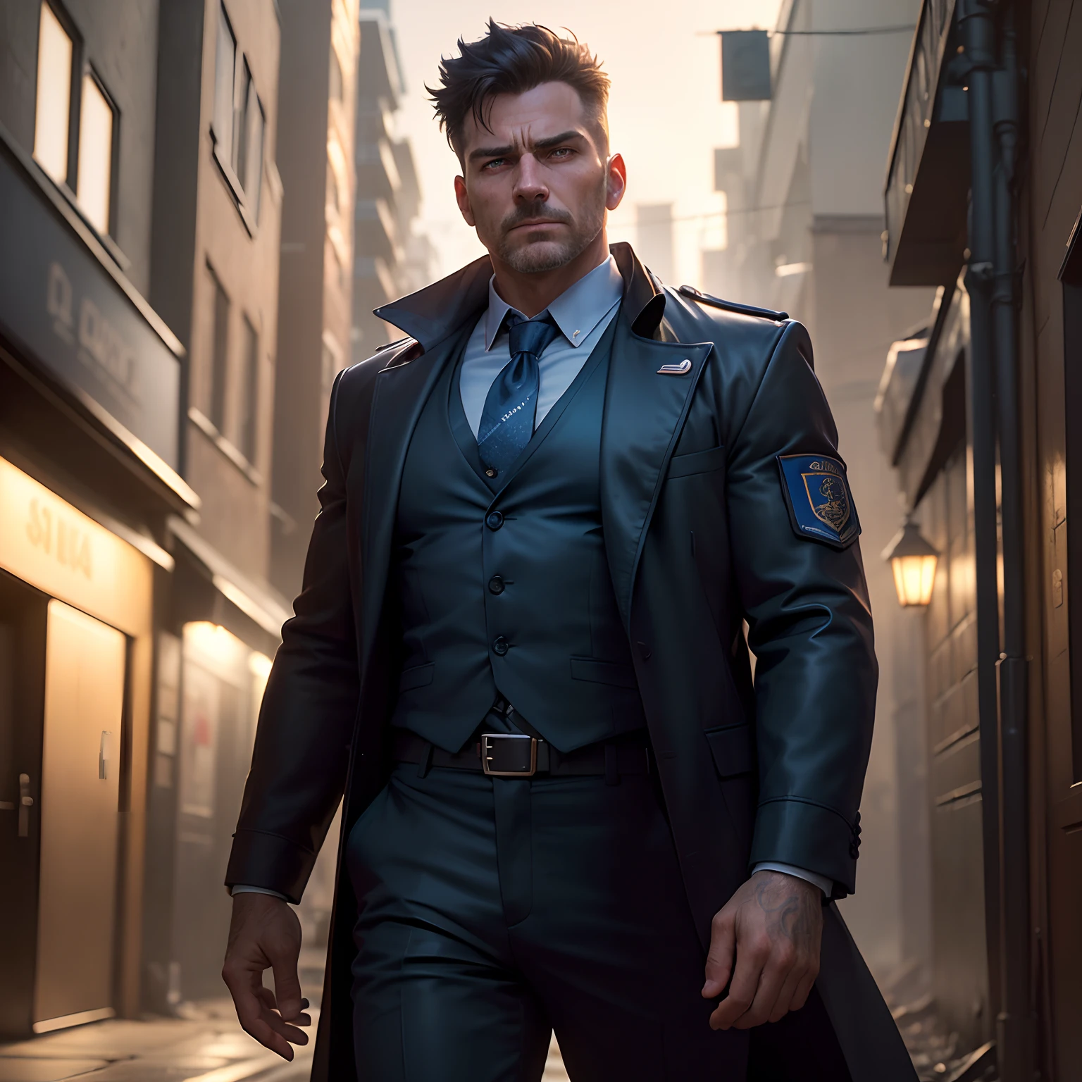 (Character: One English man, 40 years old, police, serious expression, short windswept hair, strong body. Behind this man, there's an insinuated presence of a gang, their outlines subtly visible in the deeper shadows of the alleyway, adding another layer of depth and danger to the scene.)
(Clothing: He is dressed in a blue police coat, symbolizing his role and authority, complemented by a tie.)
(Background: The backdrop is a dark alley at night, rated 1.3 in intensity. This setting is enhanced by the intense urban lights that emanate from the distant background, casting an eerie glow that makes the alley appear dark yet ominously alive.)
(Style: The scene's portrayal leans heavily towards a masterpiece aesthetic, given a rating of 1.5. The face of the policeman is detailed meticulously, bringing out every contour and expression, making it the focal point. With a photo-realistic rating of 1.3, combined with hyperrealism, the image is sharp and lifelike. The high contrast augments the policeman's features and the folds of his attire. His skin has a shiny texture, reflecting the soft lighting that's masterfully incorporated into the scene. Additional elements like backlighting, bloom, light sparkles, and chromatic aberration add layers of depth and richness to the composition, turning the piece into a captivating tableau.)