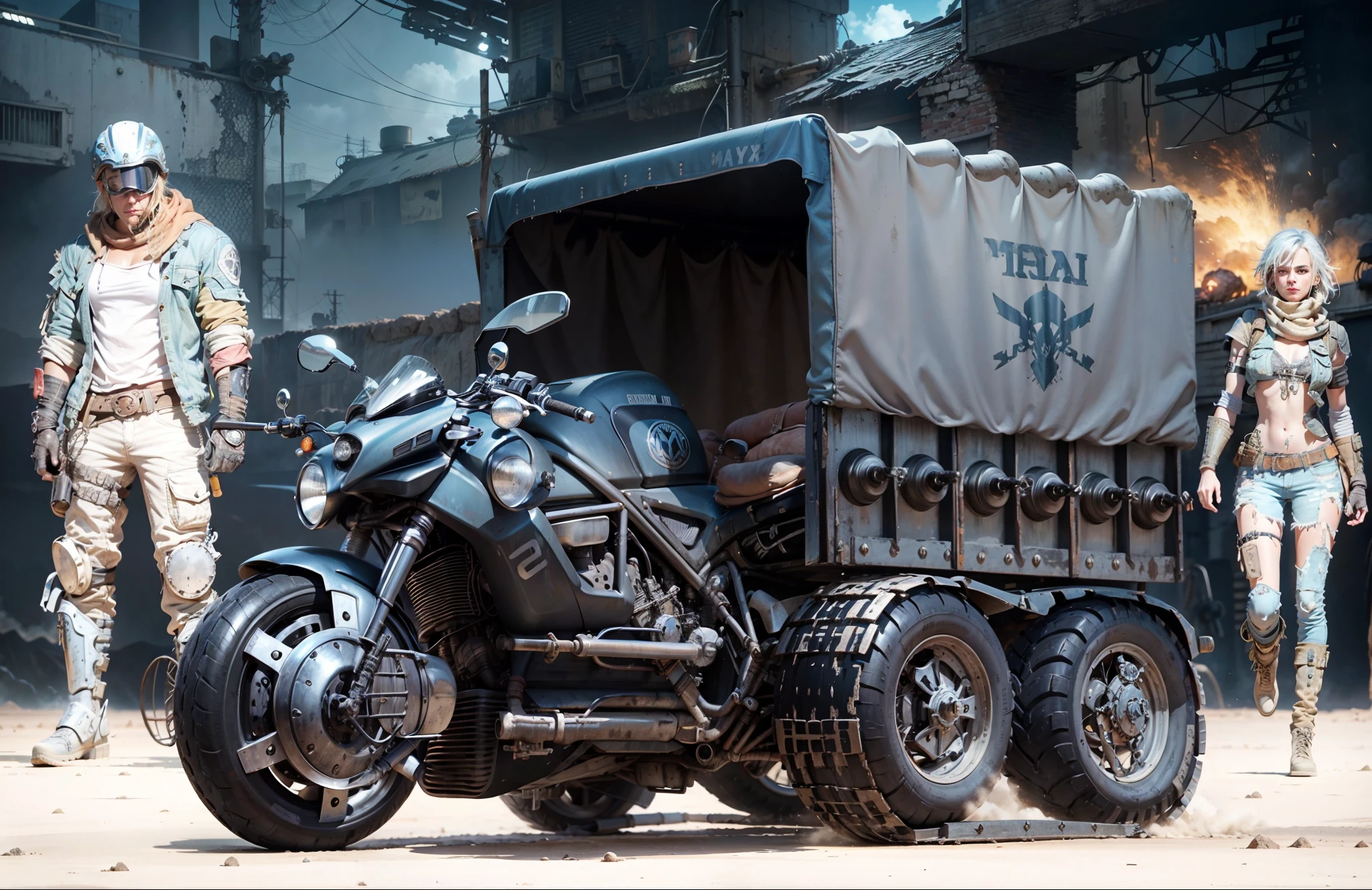 Uma Motocicleta com lagartas e bagageiro GRUNGE no poderoso estilo Mad Max com torpedos e turbina, behind is a pilot in Mad Max style clothes and on the other side a beautiful Mad Max-style warrior woman and in the background explosions in the middle of the desert with buildings and buildings and explosions in the Mad Max style, The whole scene is in shades of blue from another alien world