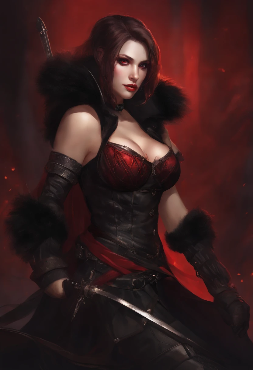 1girl, red streaked hair, black hair, long hair, side ponytail, crossed bangs, red eyes, black dress, black shorts, red skirt, turtleneck, fur trimmed jacket, open jacket, bare shoulders, chest armor, detached sleeves, sleeveless, evil smile, single red thigh high
