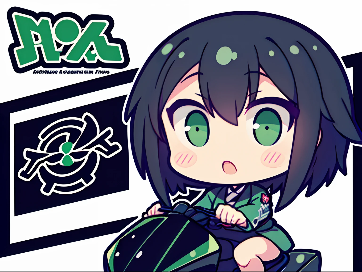 The logo of a Japanese motorcycle customization company should be a girl with short black hair and green eyes wearing a suit