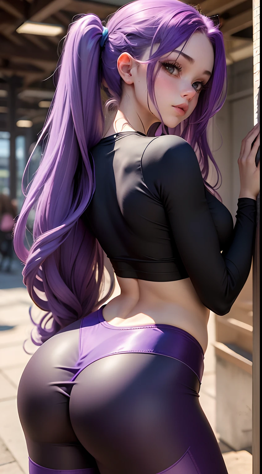 Girl with long purple hair slim, cuteface, little chest, in leggings, seen from behind