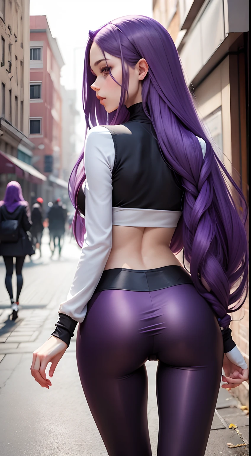 Girl with long purple hair slim, cuteface, little chest, in leggings, seen from behind