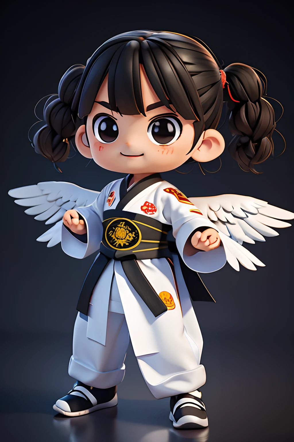 Create a 3d mascot of a baby eagle using kimono jiujitsu in varied fighting poses on a black background. The eagle must be represented with human characteristics that demonstrate that it is a child.