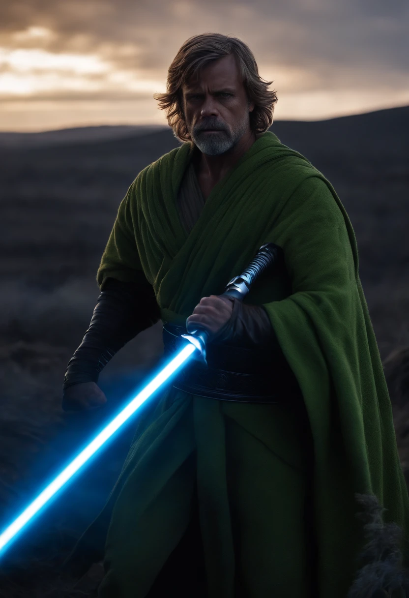 Luke Skywalker como um guerreiro espartano, Pulando no ar, a neon blue lightsaber in hand, The sky is a pale green hunter, Dying Spartans on the ground , armadura sangrenta, epics, 8k