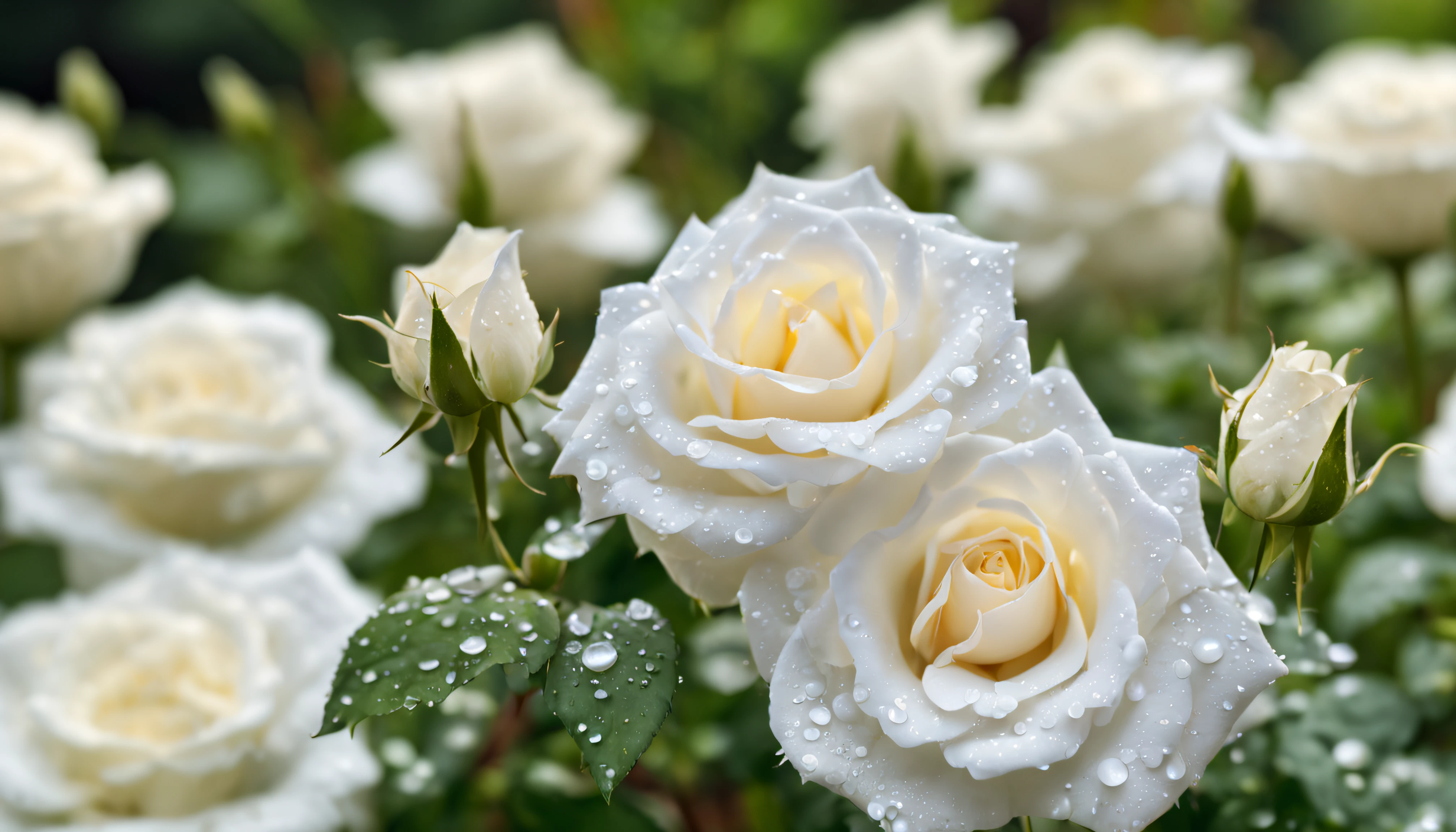 Many white rose flowers in the garden and sunlight with bokeh, dew drops on flower petals (masterpiece, ultra quality, high resolution, 8k, intricate: 1.2), (masterpiece), (best quality:1)