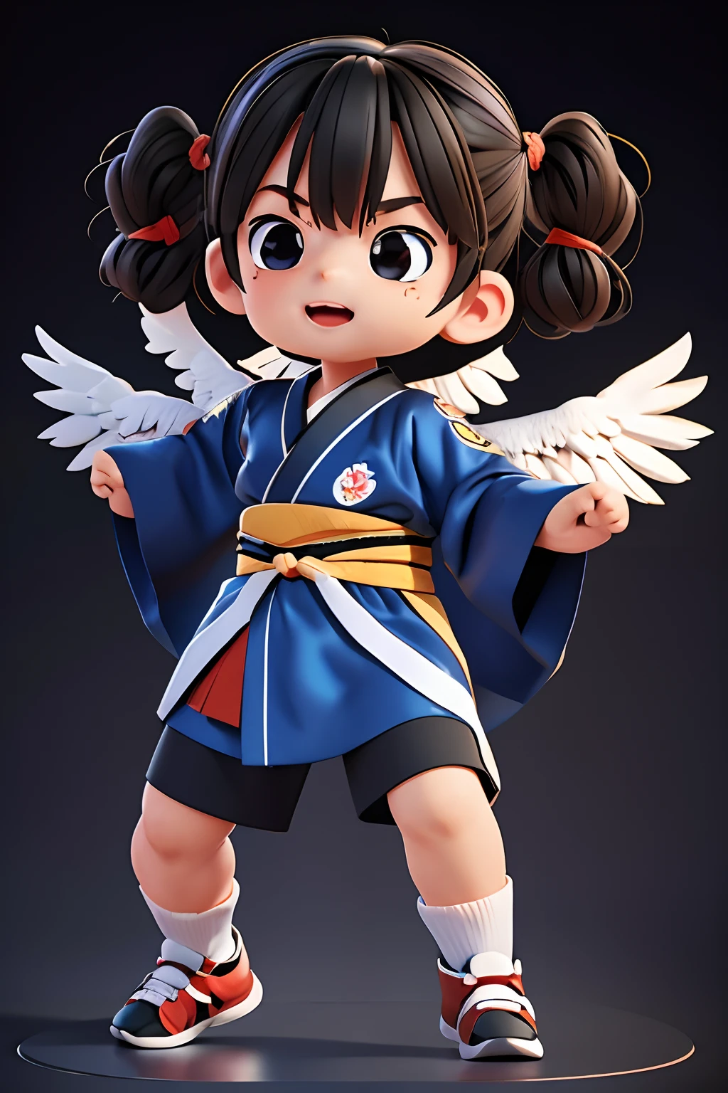 Create a 3d mascot of a baby eagle using kimono jiujitsu in varied fighting poses on a black background. The eagle must be represented with human characteristics that demonstrate that it is a child.