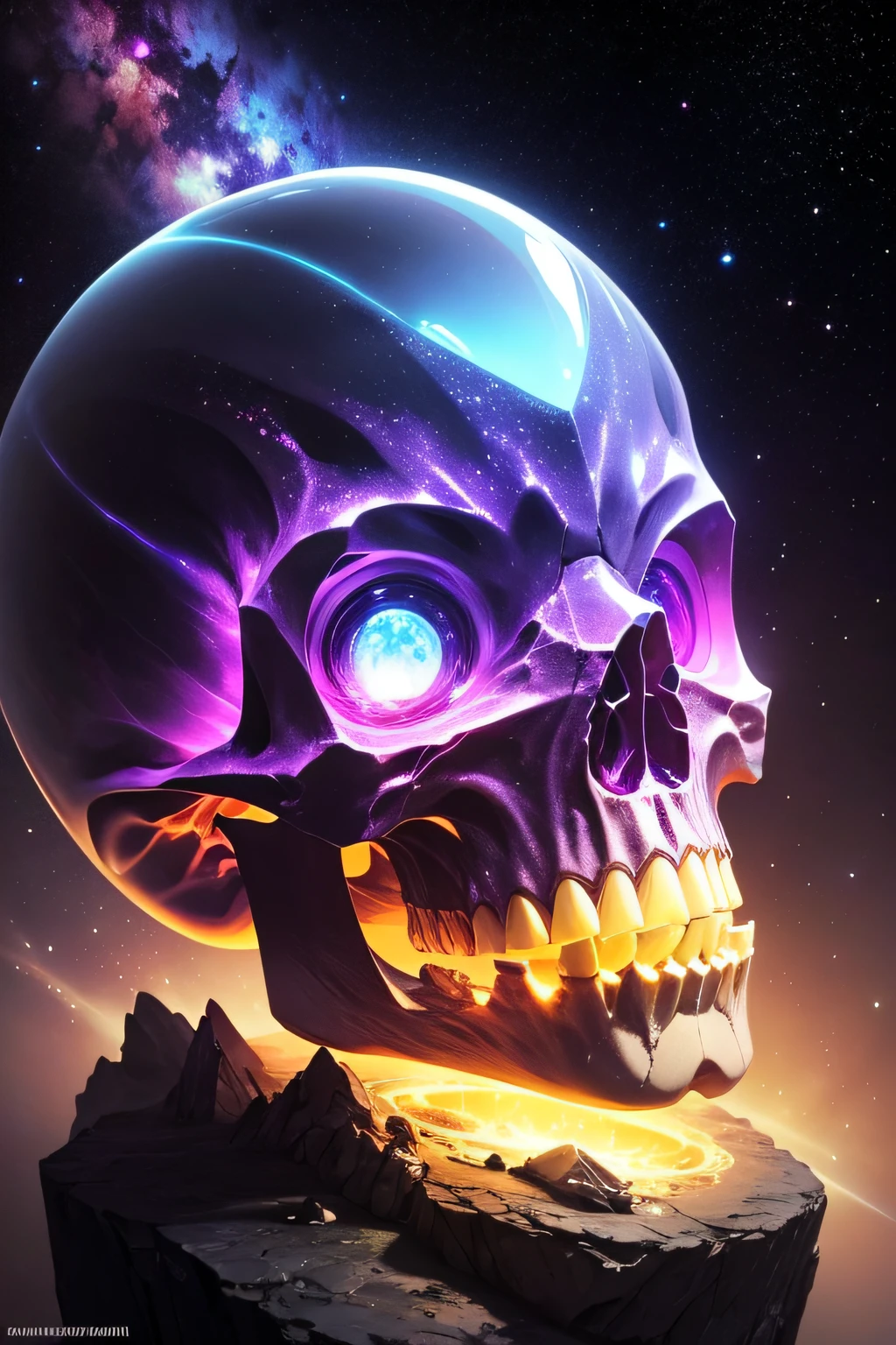 a very detailed and magnificent crystal big alien skull reveals the galaxy , a text say "ALIEN TECH CLUB"