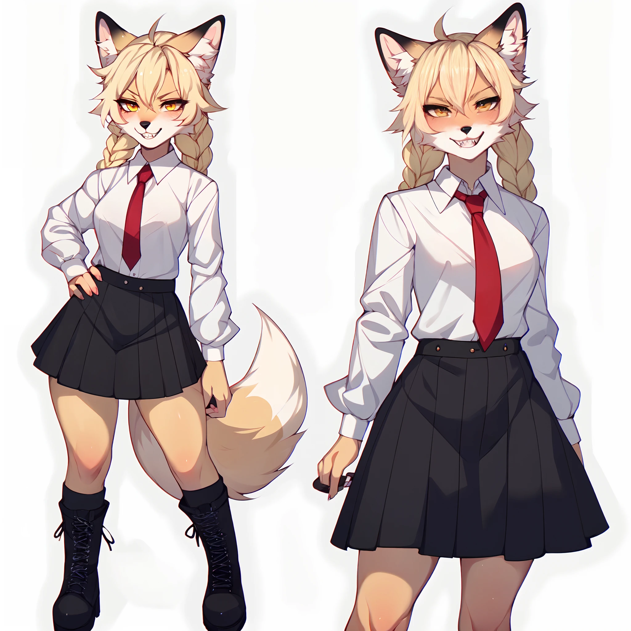 (By hyattlen, by fumiko, by claweddrip):1.2, solo:1.3, a furry tan anthro fox girl, fluffy tan fox ears, furry tan body, black nose, yellow eyes, cute snout, blonde fox tail, long blonde french braided hair, grinning, devious, large sharp canine teeth, angry eyes, detailed eyes, small breasts, wearing white button up shirt, red tie, black skirt, combat boots, standing, no background, white background, nice hands, good anatomy, masterpiece