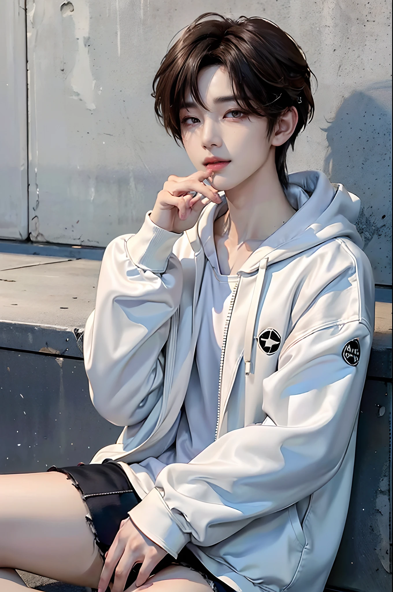 ((4K works))、masterpiece、(top-quality)、((high-level image quality))、((One Manly Boy))、Slim body、((Casual fashion with white hoodie and chic black denim jacket))、((Men's Fashion))、((Have your iPhone in your hands))、(Detailed beautiful eyes)、In a fashionable city、Sitting on the curb and listening to music、Face similar to Chaewon in Ruseraphim、((short hair above the ears))、((Smaller face))、((Neutral face))、((Light brown eyes))、((Korean boy))、((18year old))、((Handsome man))、((Smiling expression while licking lips with tongue))、((Korean Makeup))、((elongated and sharp eyes))、((photo of a model))、((Like a celebrity))、Professional Photos、((Shot alone))、((Sitting on the curb and listening to music through headphones))、((He sits in front of the viewer))、((Shot diagonally up from the front))、((Upper body photography))、((Hold your iPhone in your hands、Look at your iPhone screen))