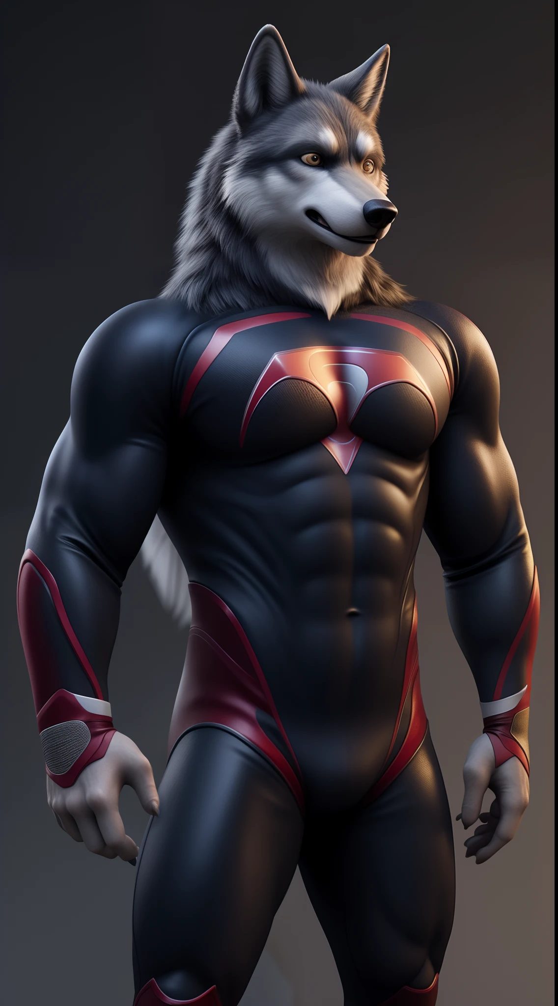 (best quality,ultra realistic:1.2),serious expression,beautiful cosplay of a superhero,3D rendering,Playstation 5 graphics,detailed face,realistic texture,serious wolf,gorgeous costume,superhero outfit