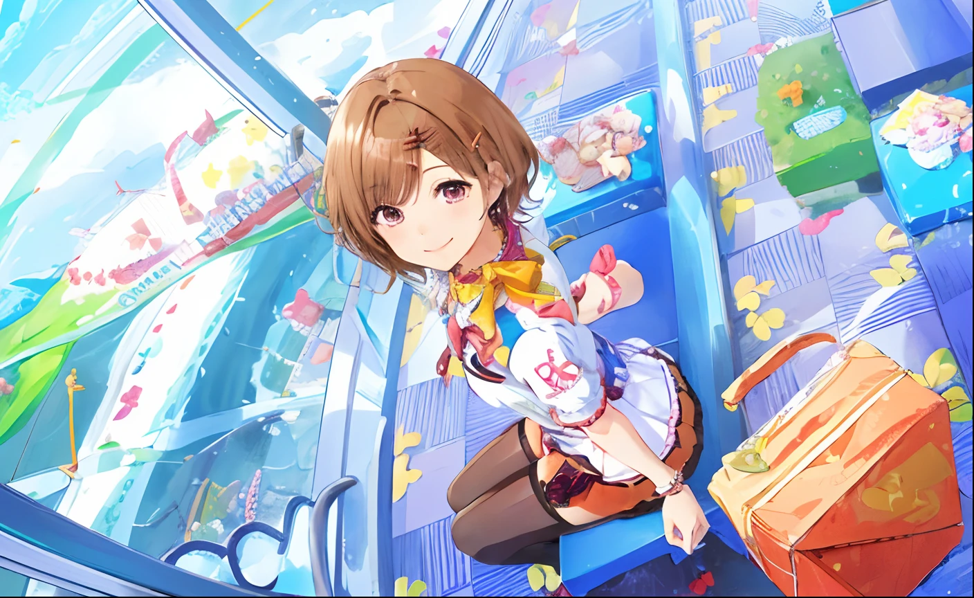 (8 year old Japanese girl),,Loincloth,Roller coaster,festival&#39;Eyes wearing silver-white mirrored lens sunglasses、I looked at the world reflected in the lenses of my sunglasses..(Side Pony,Colorful Hair), 