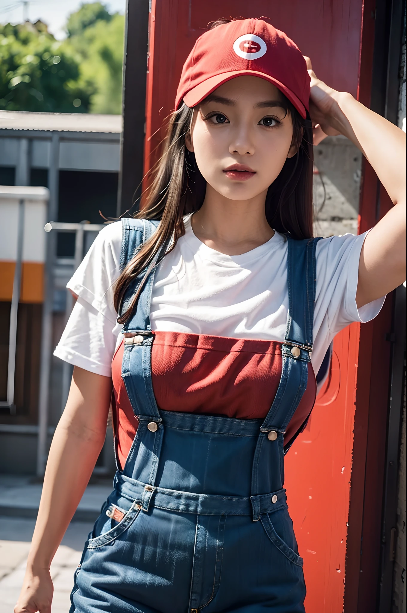 there is a woman in a red shirt and blue overalls posing, a picture inspired by Miyamoto, tumblr, neogeo, wearing plumber uniform, overalls, artist wearing overalls, working clothes, wearing overalls, pokemon trainer outfit, work clothes, high quality costume, she is wearing streetwear, wearing blue jean overalls, blue overalls, female marty mcfly