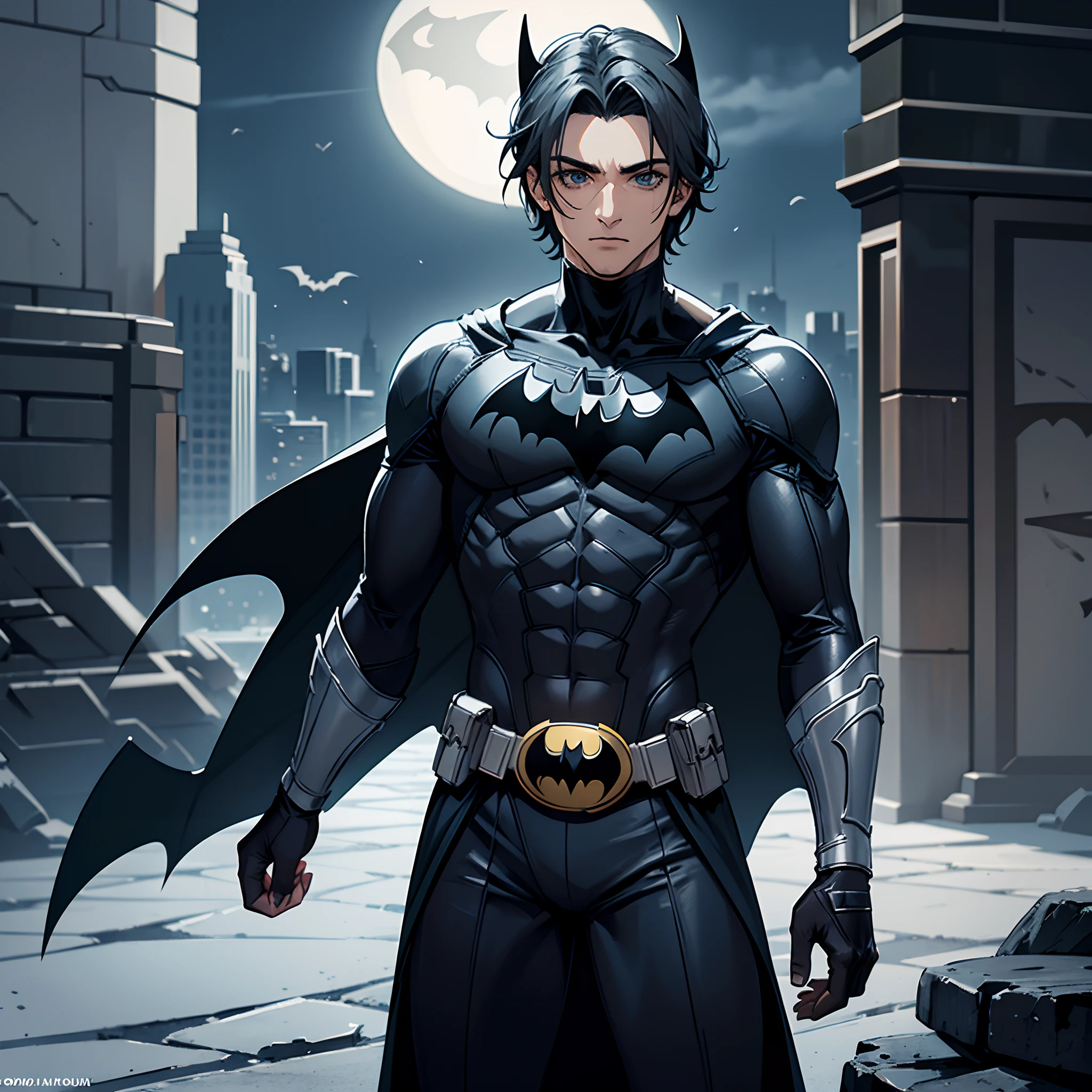 homem loiro com olhos castanhos vestido de batman, em 2D, with gray scenery, cabelo curto loiro escuro, olhos marrom, roupa do batman