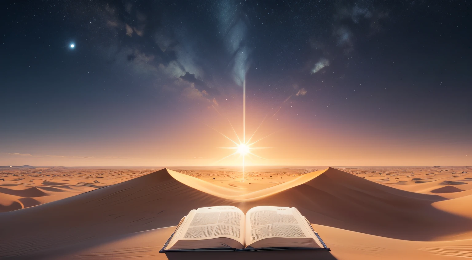 A morning star shining over a desert with wheat and an open Bible